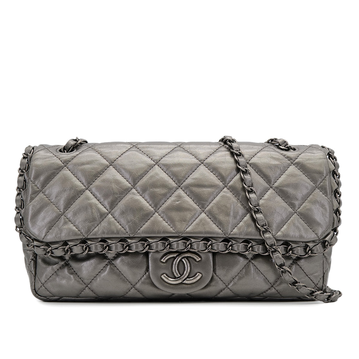 CHANEL LUXURY LINE CHAIN SHOULDER BAG SILVER LEATHER 90319941