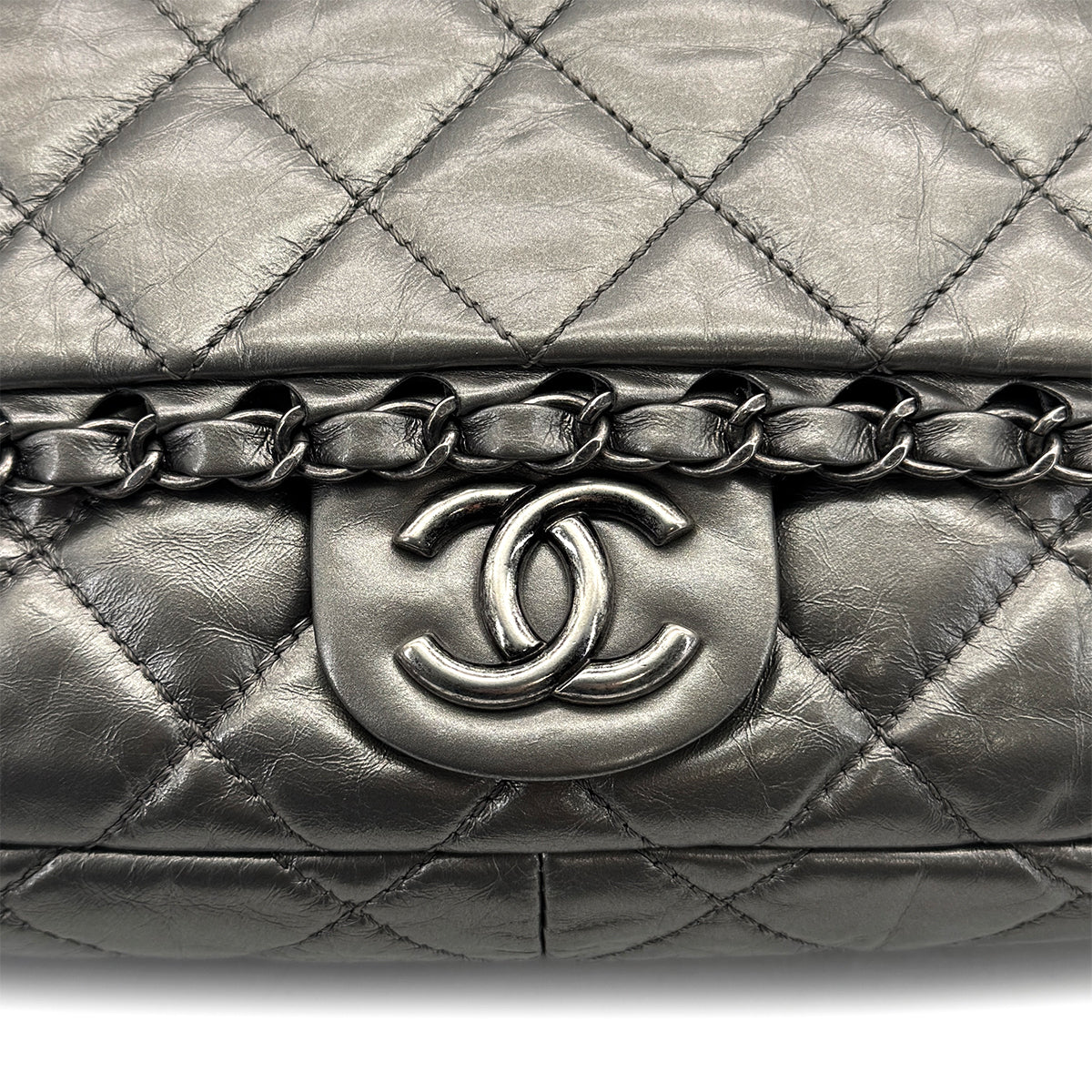 CHANEL LUXURY LINE CHAIN SHOULDER BAG SILVER LEATHER 90319941
