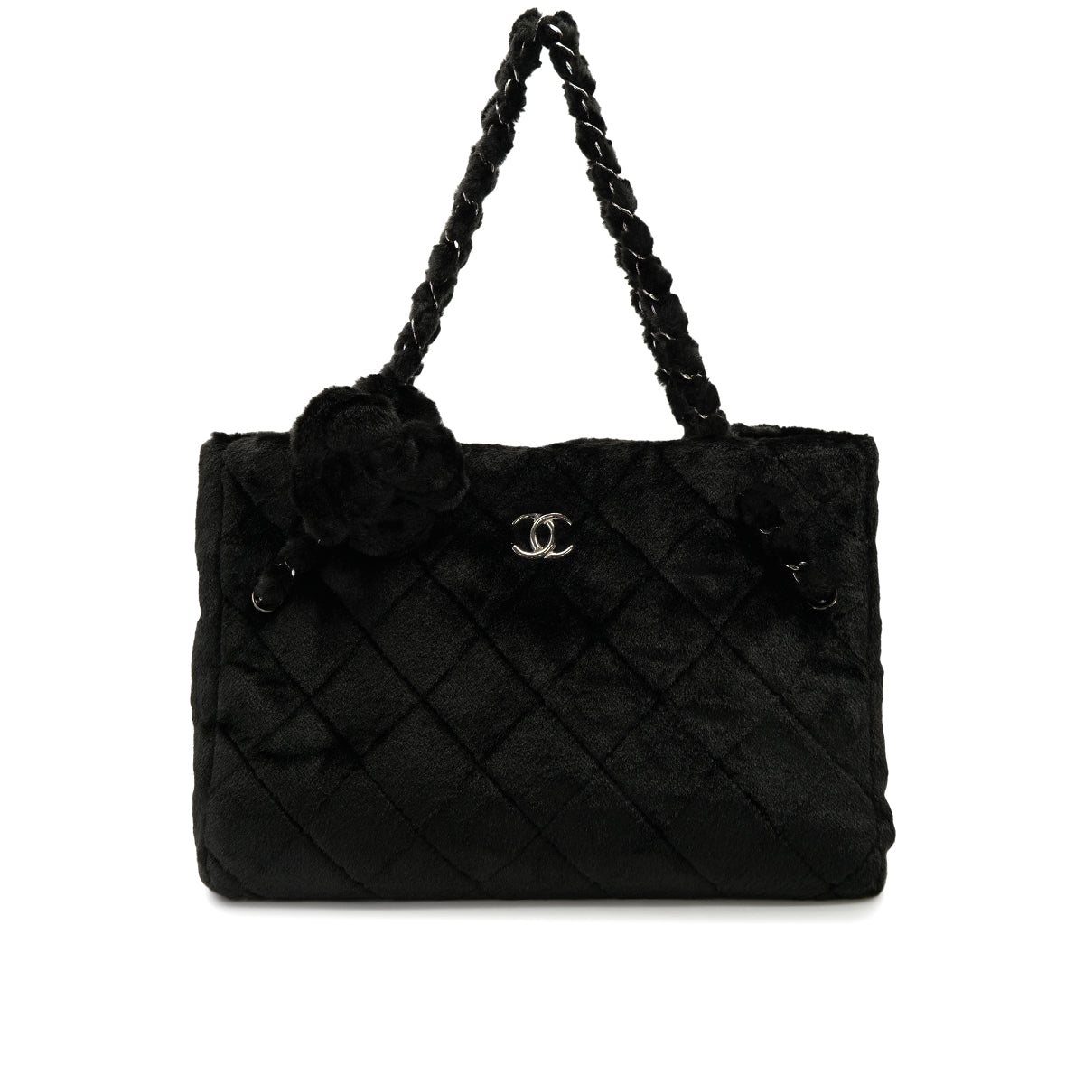 CHANEL MATELASSE CAMELLIA CHAIN TOTE BAG BLACK FAUX FUR SILVER HARDWARE 90322287