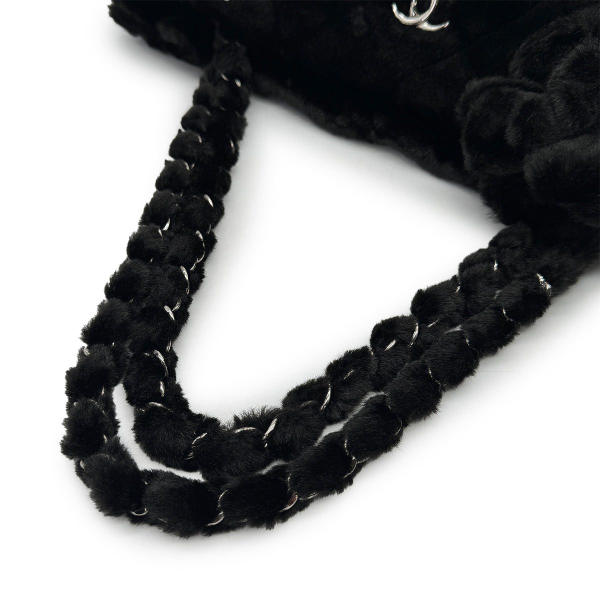 CHANEL MATELASSE CAMELLIA CHAIN TOTE BAG BLACK FAUX FUR SILVER HARDWARE 90322287