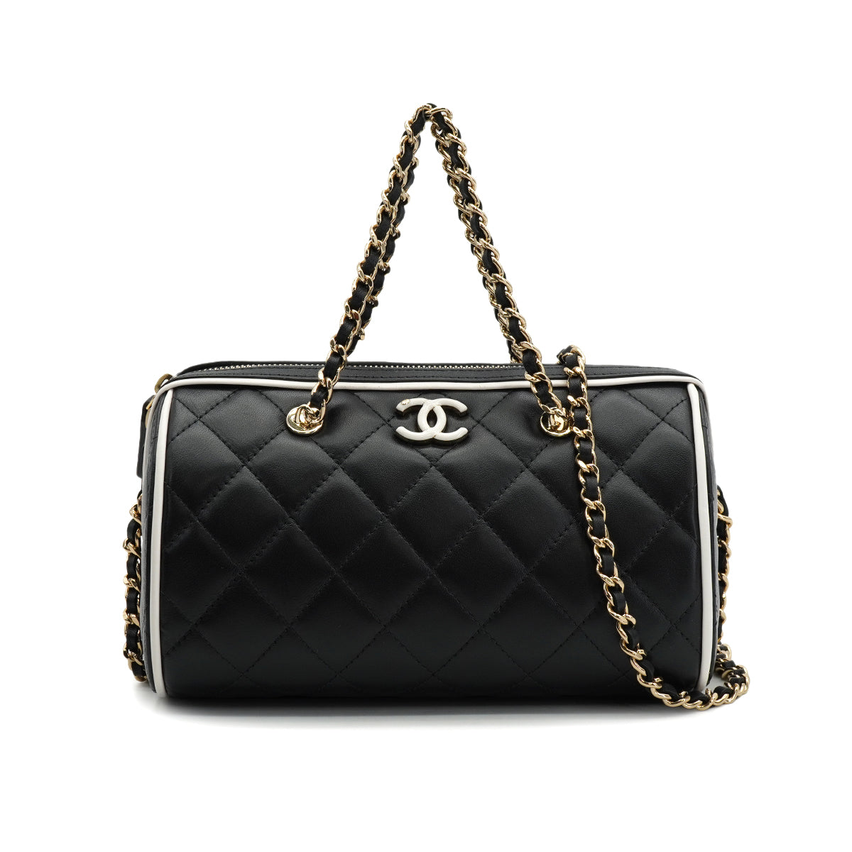 CHANEL MATELASSE CHAIN HAND SHOULDER BAG BLACK WHITE LAMB SKIN GOLD HARDWARE 90334154