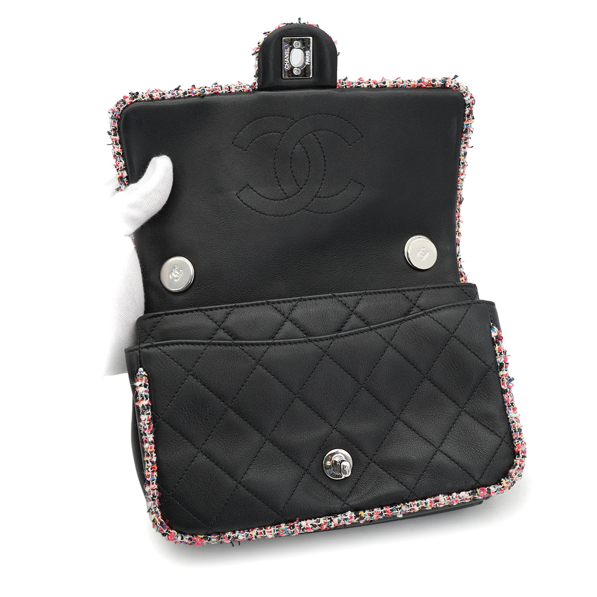 CHANEL MATELASSE CHAIN SHOULDER BAG LEATHER TWEED BLACK SILVER HARDWARE 90328927