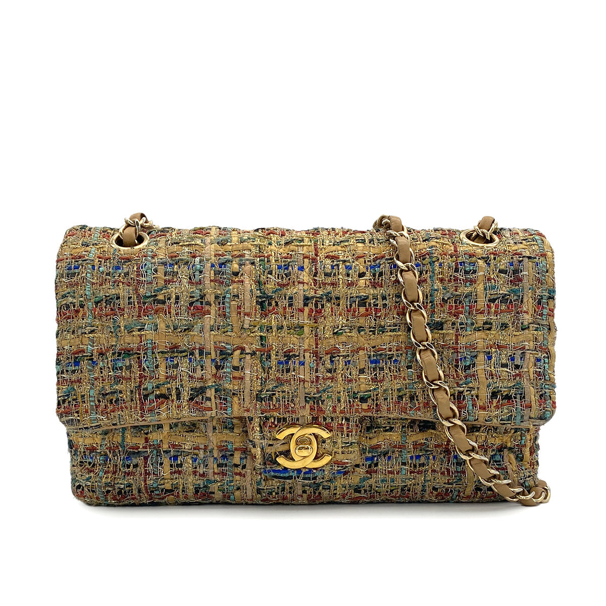 CHANEL MATELASSE CHAIN SHOULDER BAG MULTICOLOR BEIGE TWEED GOLD HARDWARE 90317287