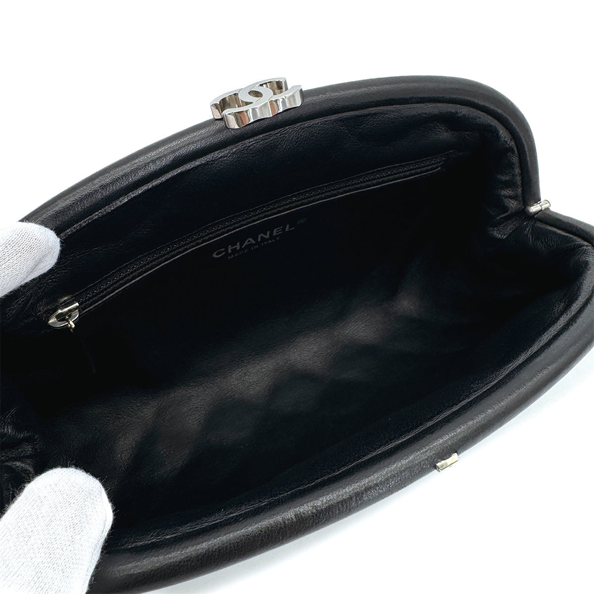 CHANEL MATELASSE CLUTCH BAG BLACK LAMB SKIN SILVER HARDWARE 90317002