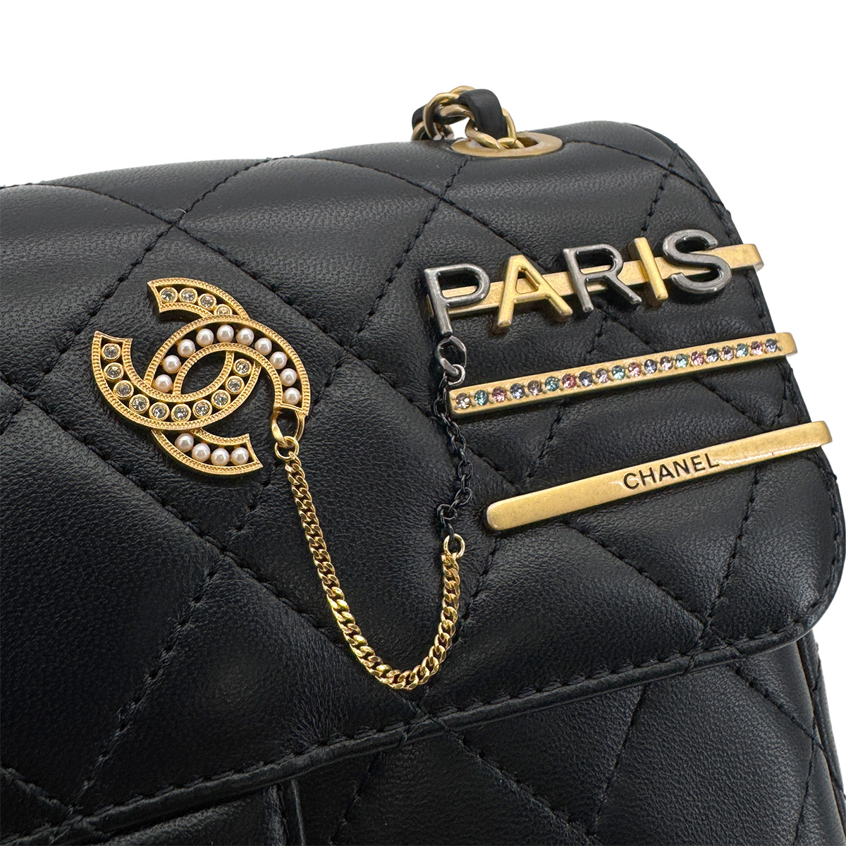 CHANEL MATELASSE COCO CLIPS CHAIN SHOULDER BAG RHINESTONE FAUX PEARL BLACK LAMB SKIN GOLD HARDWARE 90324131