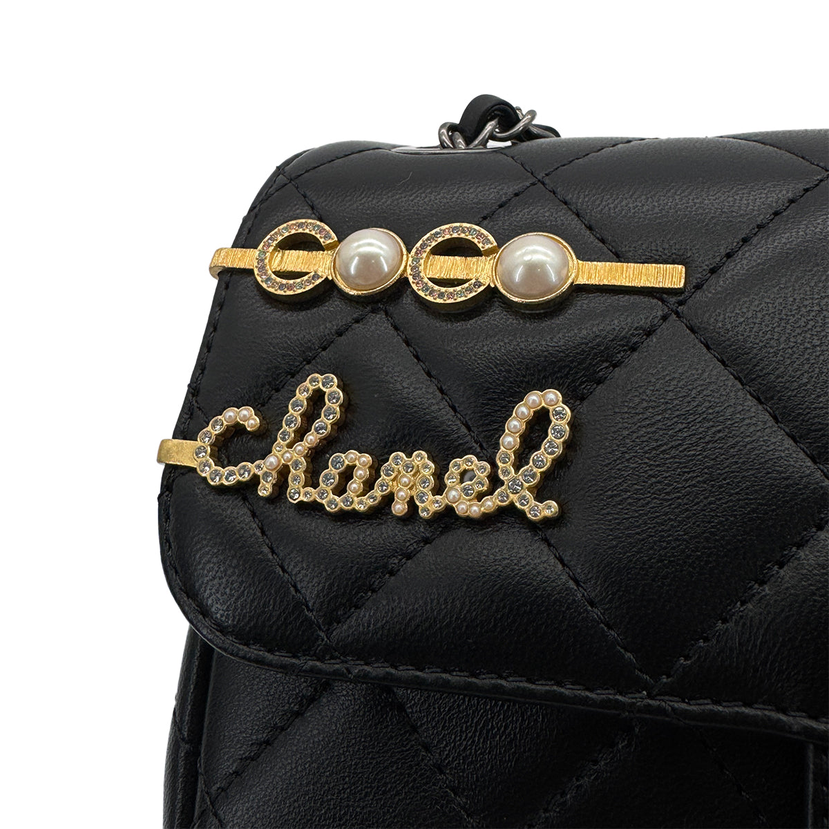 CHANEL MATELASSE COCO CLIPS CHAIN SHOULDER BAG RHINESTONE FAUX PEARL BLACK LAMB SKIN GOLD HARDWARE 90324131