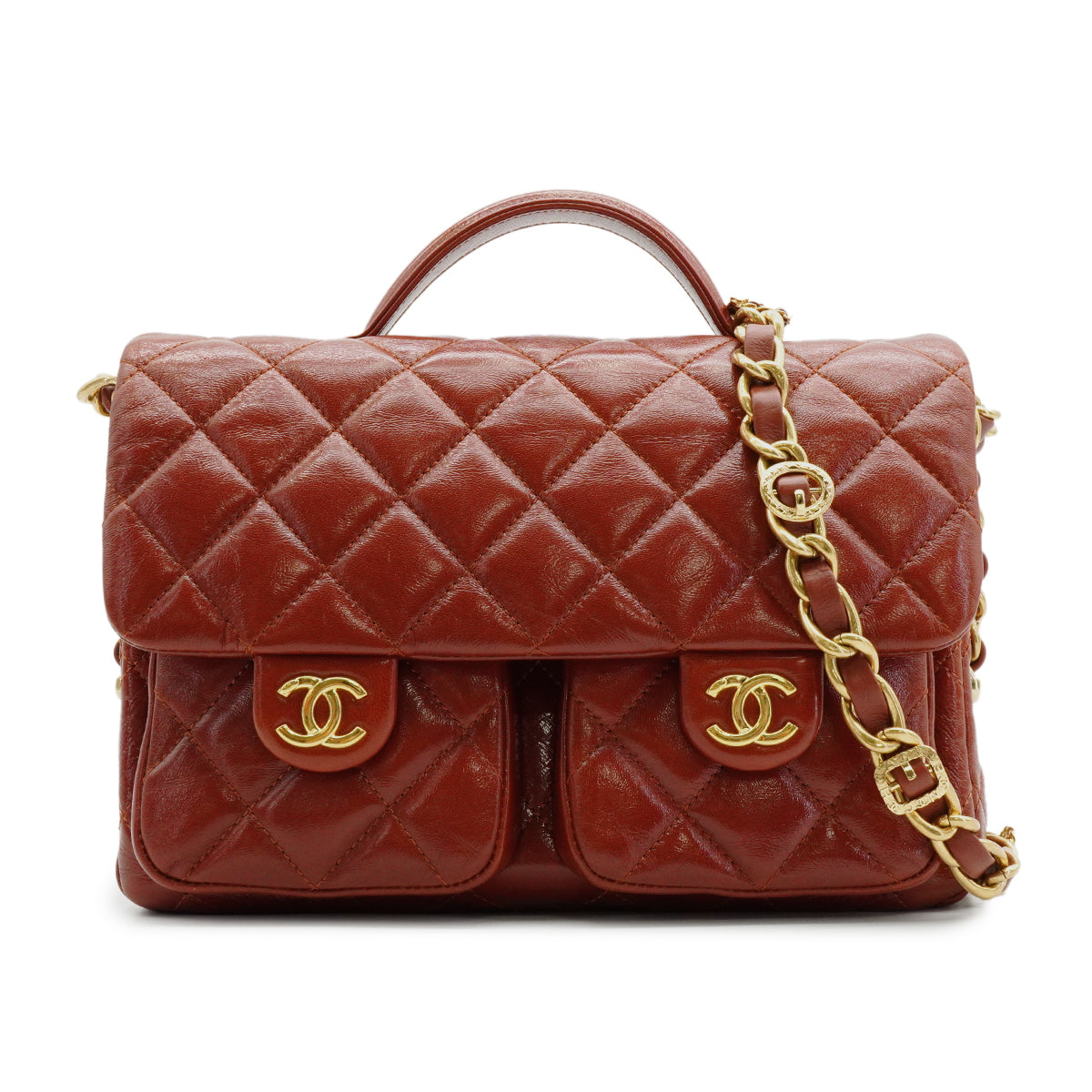 CHANEL MATELASSE DOUBLE COCOMARK CHAIN SHOULDER HAND BAG BROWN LEATHER GOLD HARDWARE 90342593