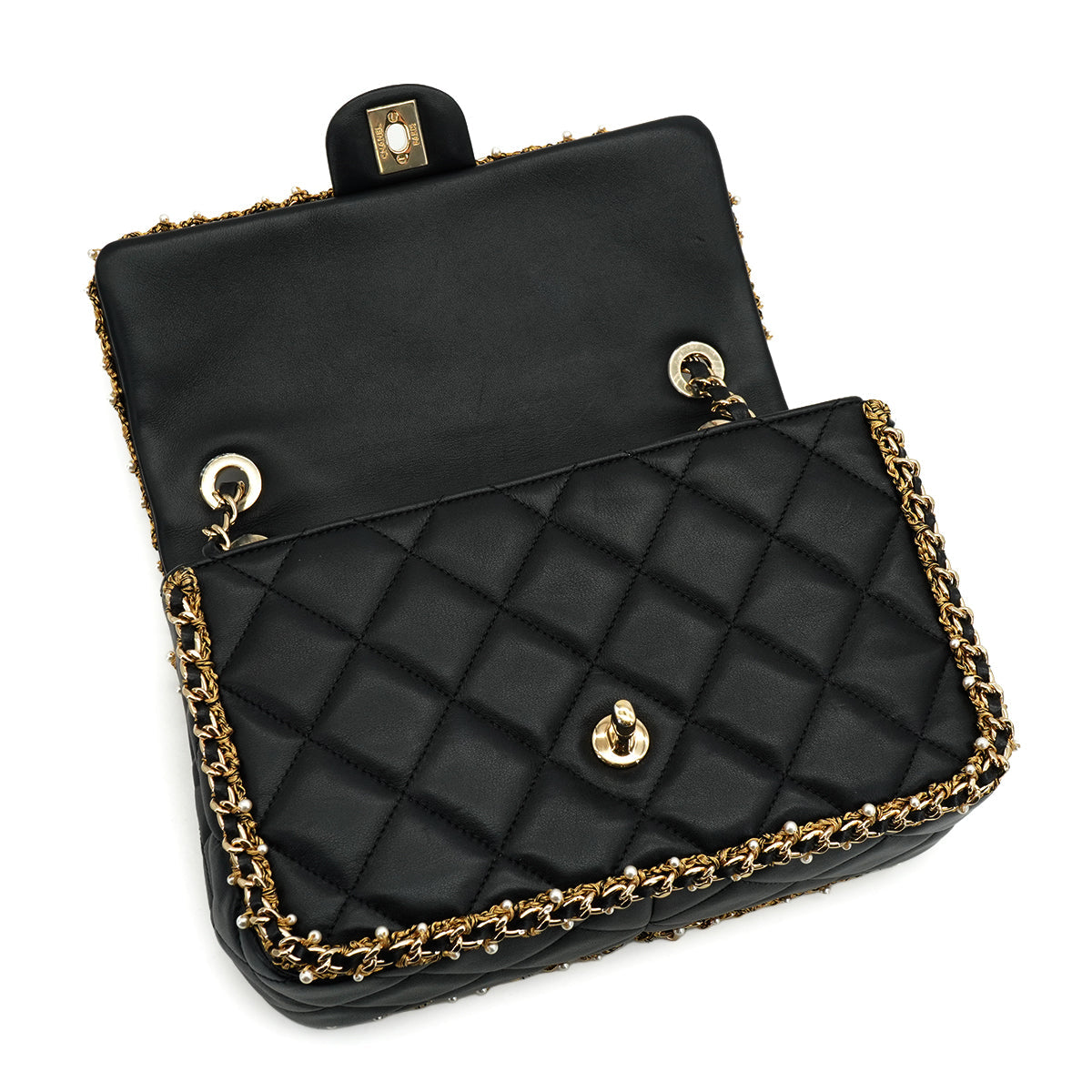 CHANEL MATELASSE FAUX PEARL CHAIN SHOULDER BAG BLACK LEATHER 90332580