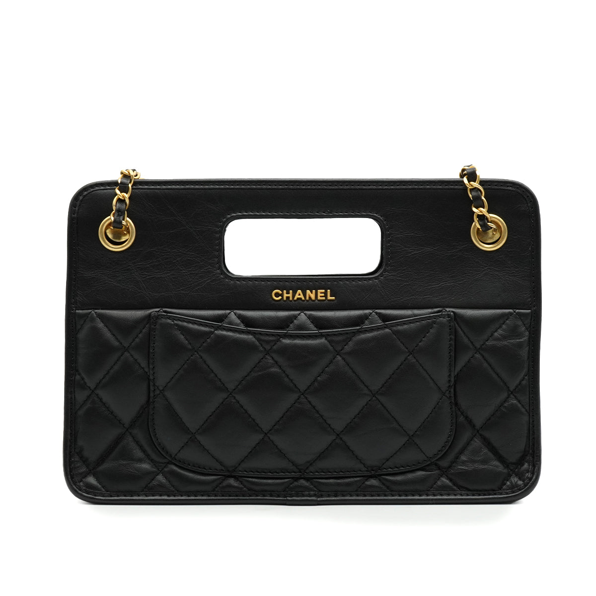 CHANEL MATELASSE SMALL SHOPPING BAG BLACK LAMB SKIN GOLD HARDWARE 90335798