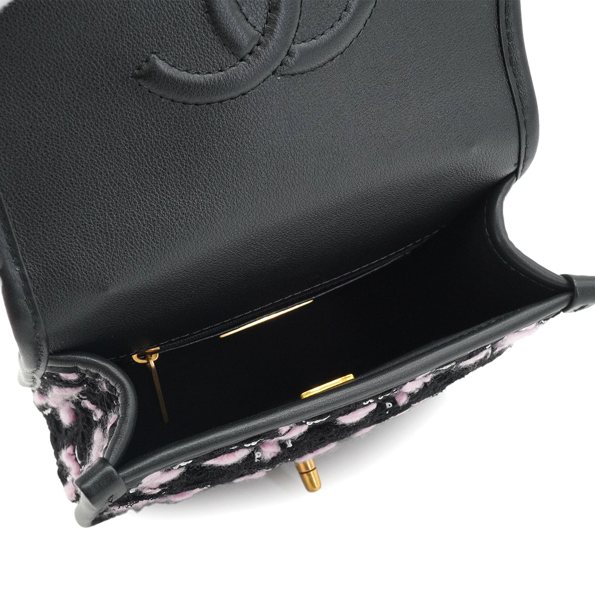 CHANEL MATELASSE TWEED CHAIN HAND SHOULDER BAG PINK BLACK GOLD HARDWARE 90332582