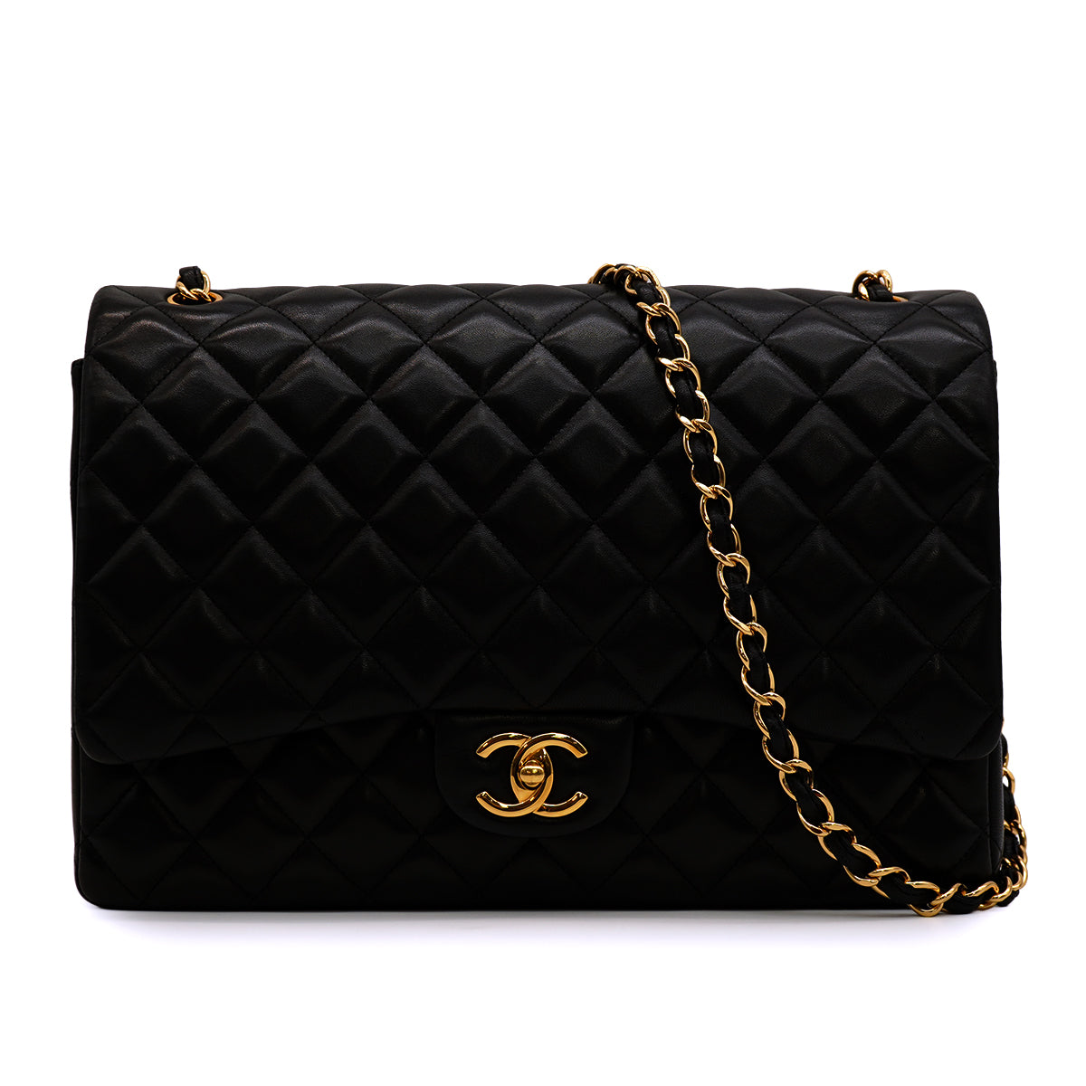 CHANEL MAXI MATELASSE 34 CHAIN SHOULDER BAG BLACK LAMB SKIN GOLD HARDWARE 90346099
