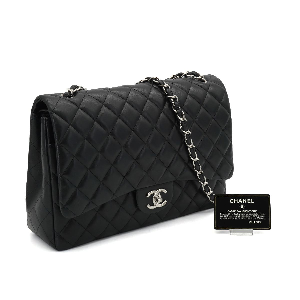 CHANEL MAXI MATELASSE 34 CHAIN SHOULDER BAG BLACK LAMB SKIN SILVER HARDWARE 90331673