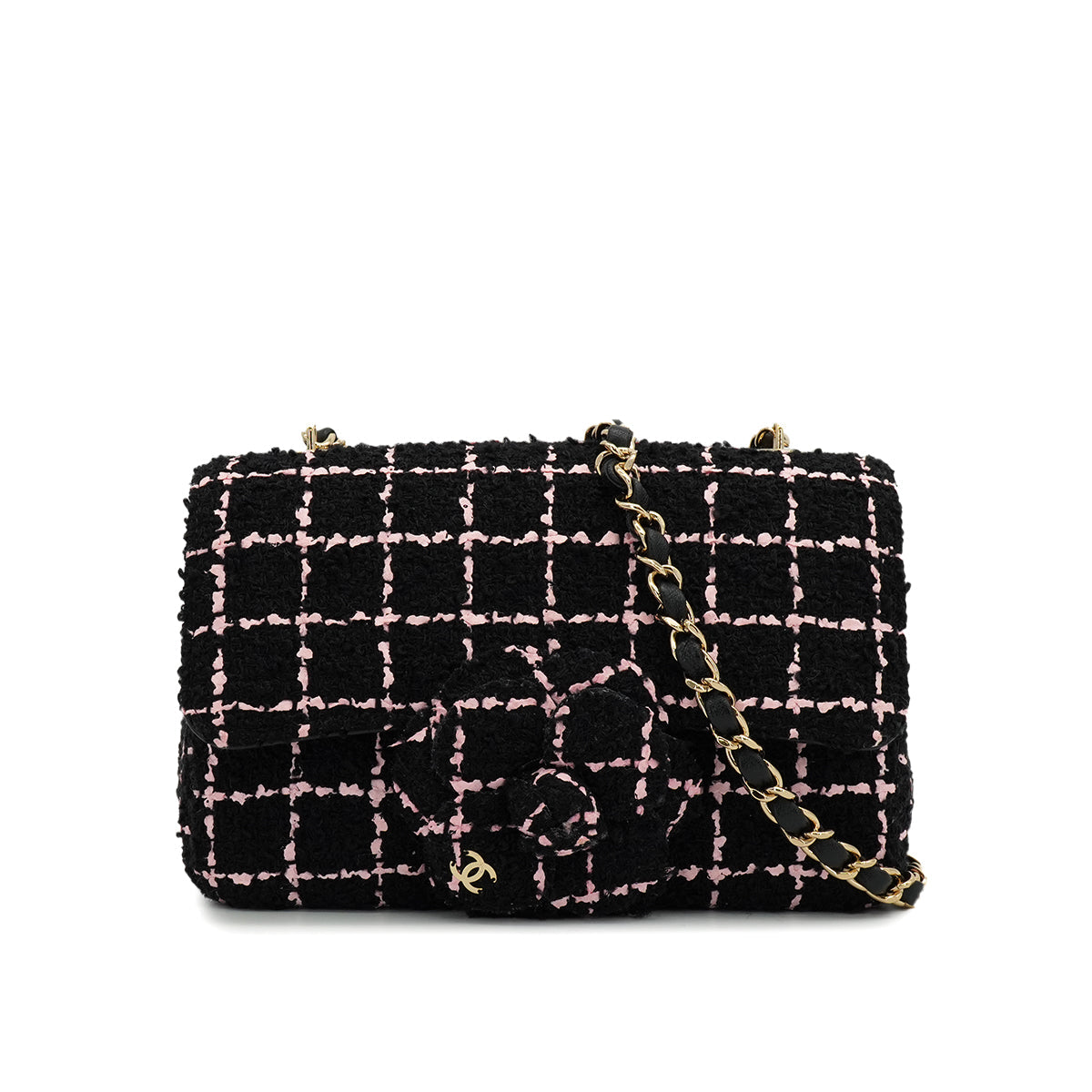 CHANEL CAMELLIA CHAIN SHOULDER BAG BLACK PINK TWEED GOLD HARDWARE 90335837