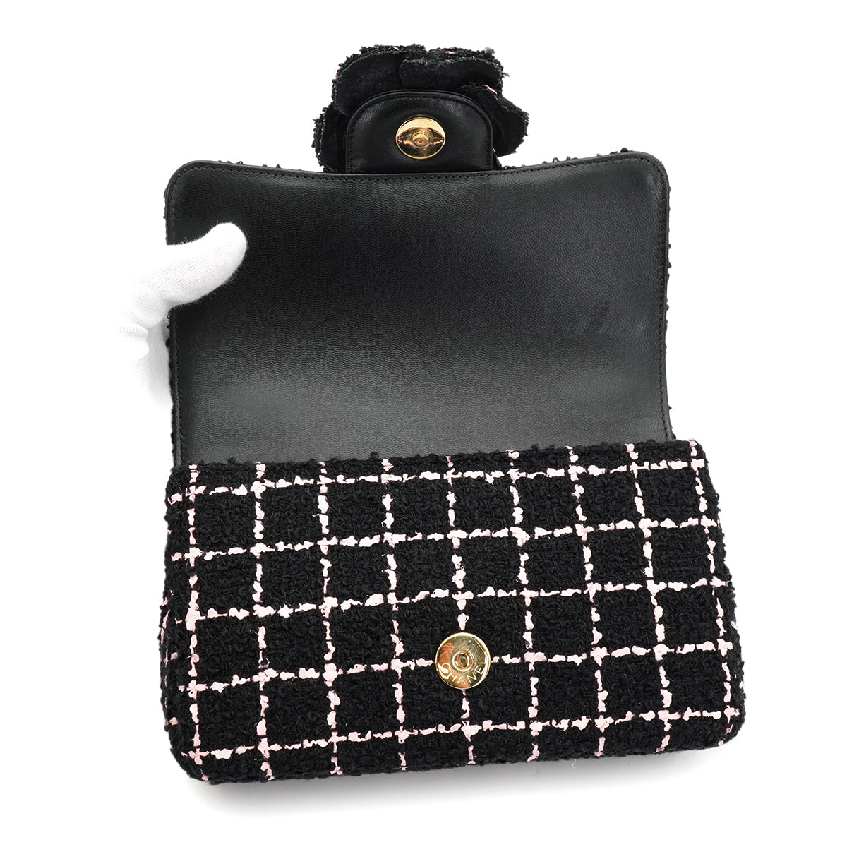 CHANEL CAMELLIA CHAIN SHOULDER BAG BLACK PINK TWEED GOLD HARDWARE 90335837