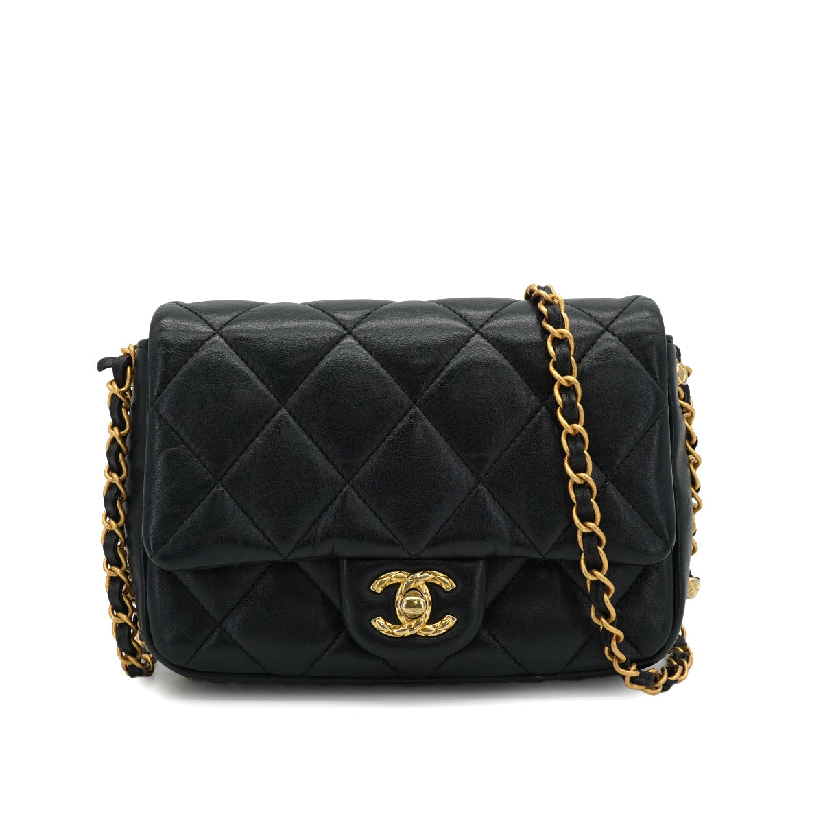 CHANEL MINI MATELASSE CHAIN SHOULDER BAG BALCK LAMB SKIN GOLD HARDWARE 90332584