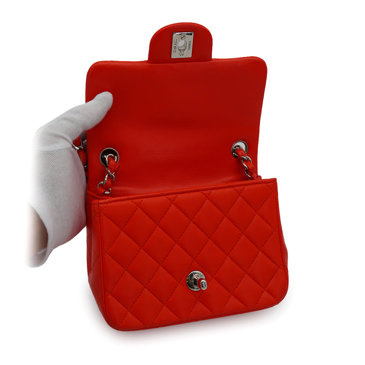 CHANEL MINI SQUARE 17 CHAIN SHOULDER BAG RED LAMB SKIN SILVER HARDWARE 90333761