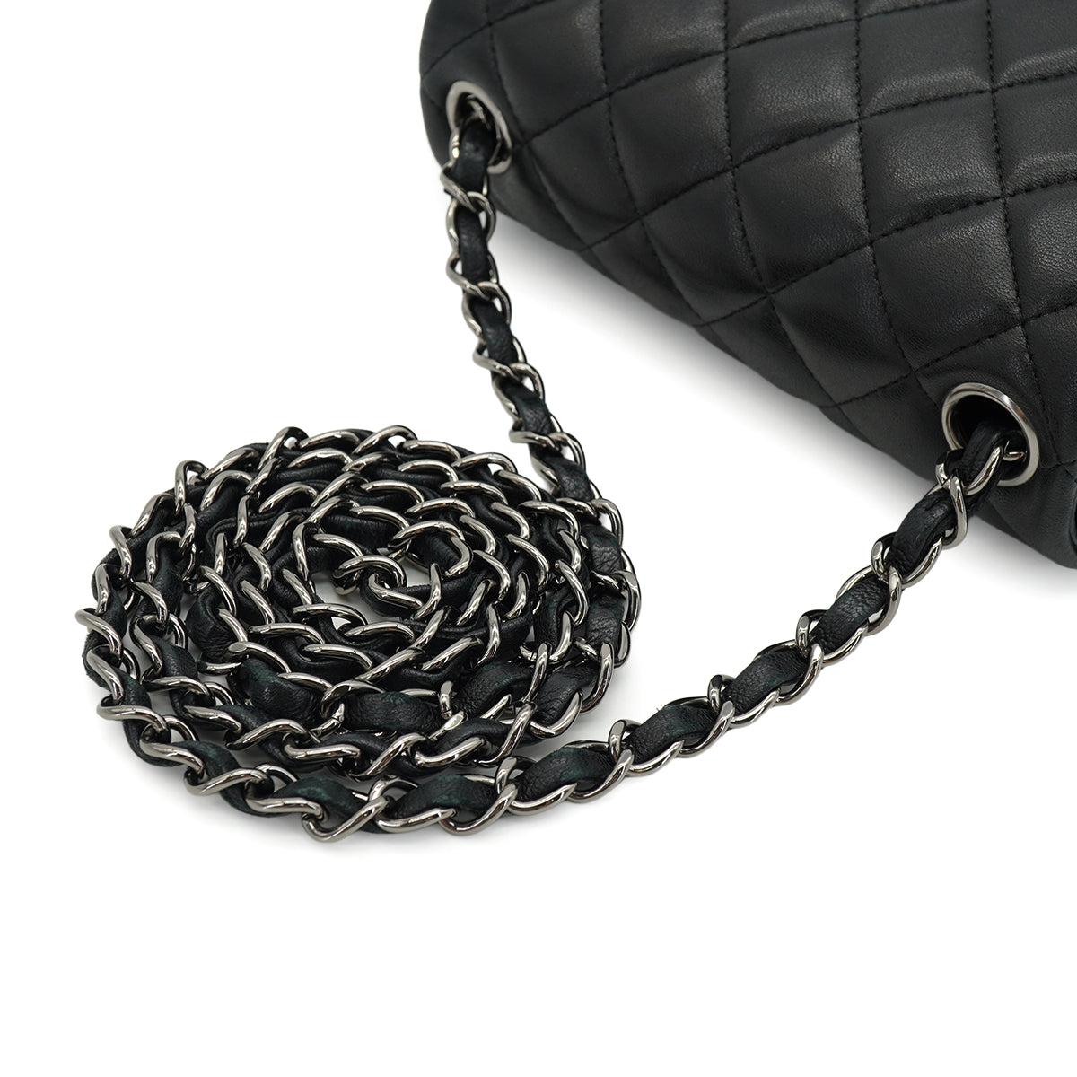 CHANEL MINI SQUARE 17 CHAIN SHUOLDER BAG BLACK LAMB SKIN SILVER HARDWARE 90331414