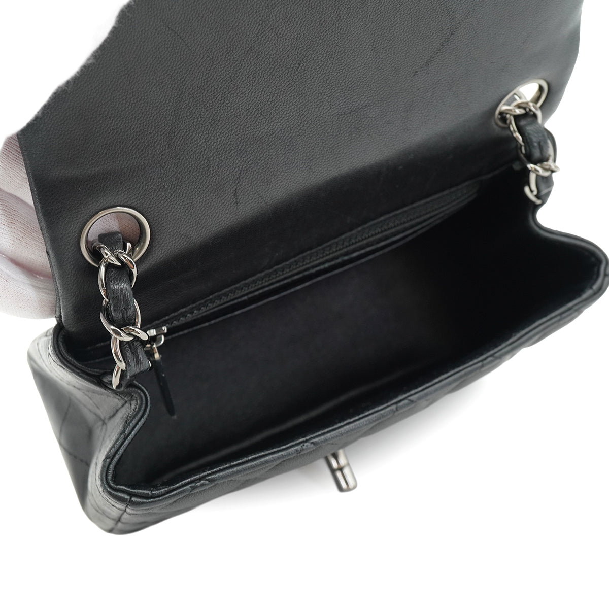 CHANEL MINI SQUARE 17 CHAIN SHUOLDER BAG BLACK LAMB SKIN SILVER HARDWARE 90331414