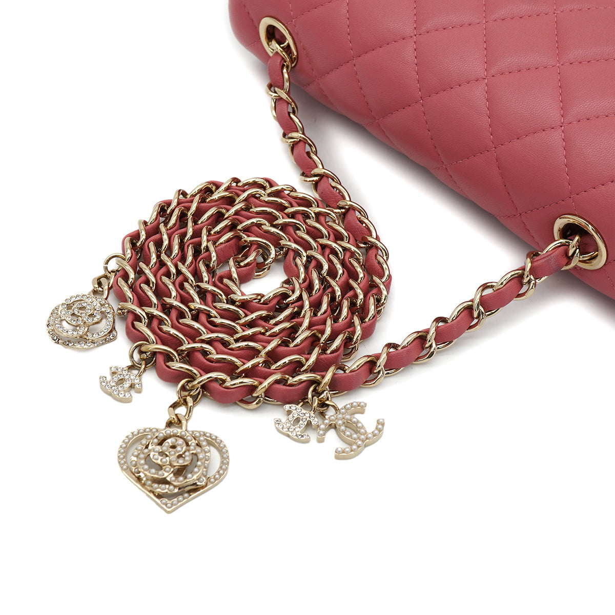 CHANEL MINI MATELASSE CHARM CHAIN SHOULDER BAG PINK LAMB SKIN GOLD HARDWARE 90331667