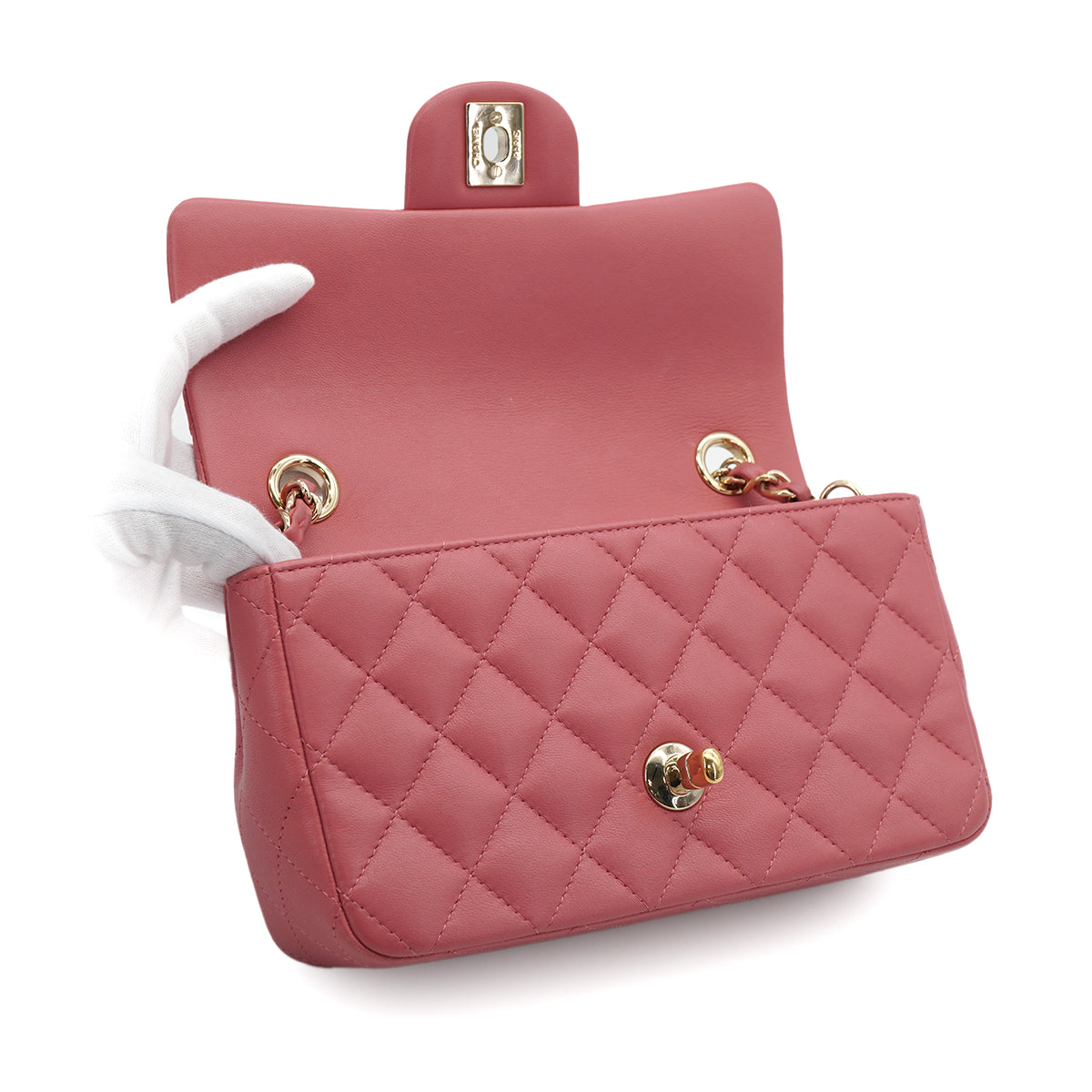 CHANEL MINI MATELASSE CHARM CHAIN SHOULDER BAG PINK LAMB SKIN GOLD HARDWARE 90331667