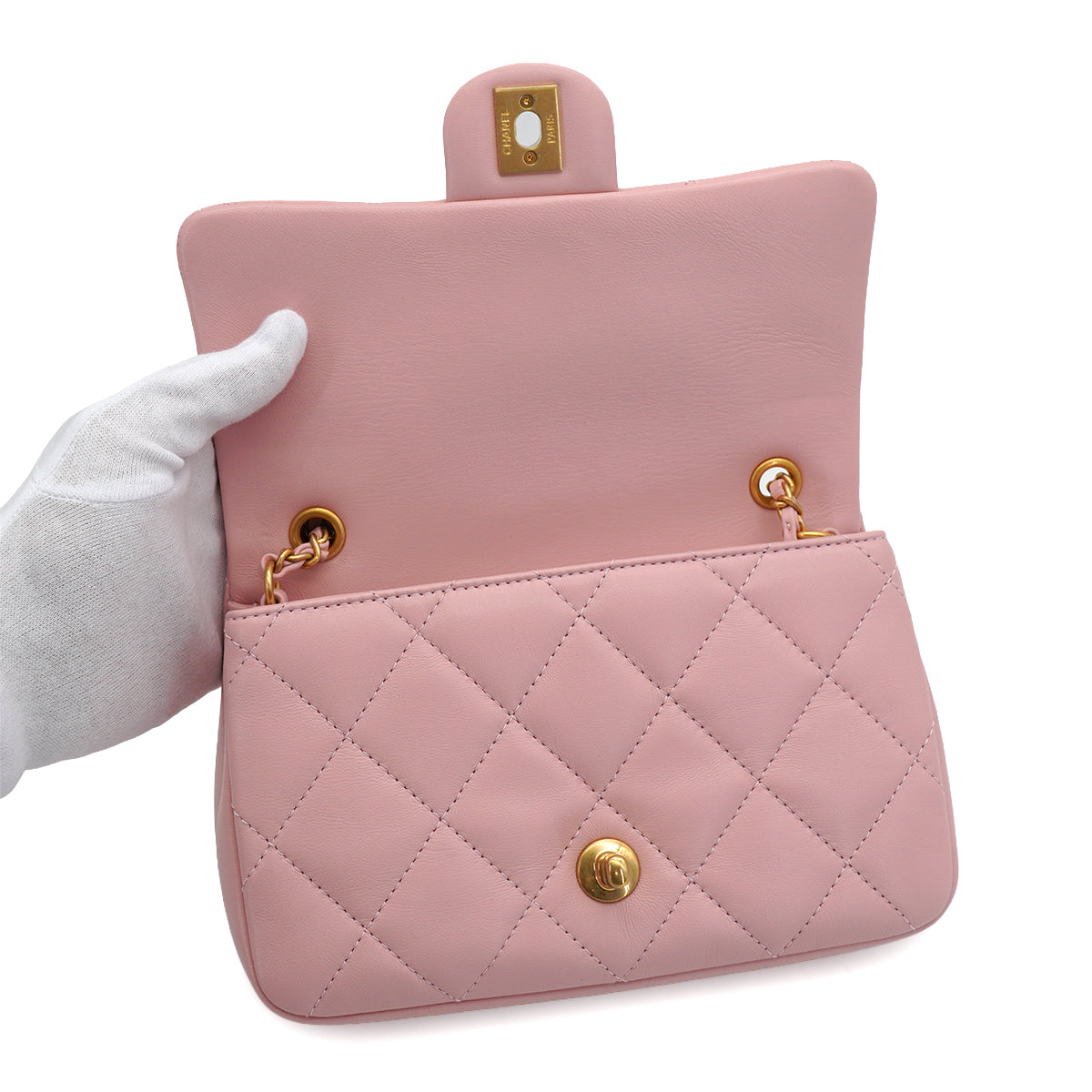 CHANEL MINI MATELASSE HEART CHARM CHAIN SHOULDER BAG PINK LAMB SKIN GOLD HARDWARE 90335891