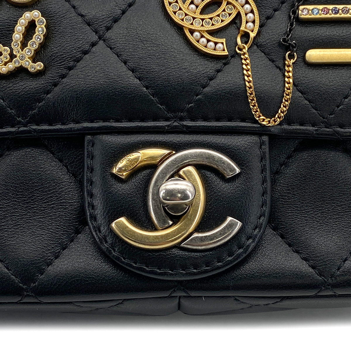 CHANEL MINI MATELASSE COCO CLIPS CHAIN SHOULDER BAG RHINESTONE FAUX PEARL BLACK LAMB SKIN GOLD HARDWARE 90317290