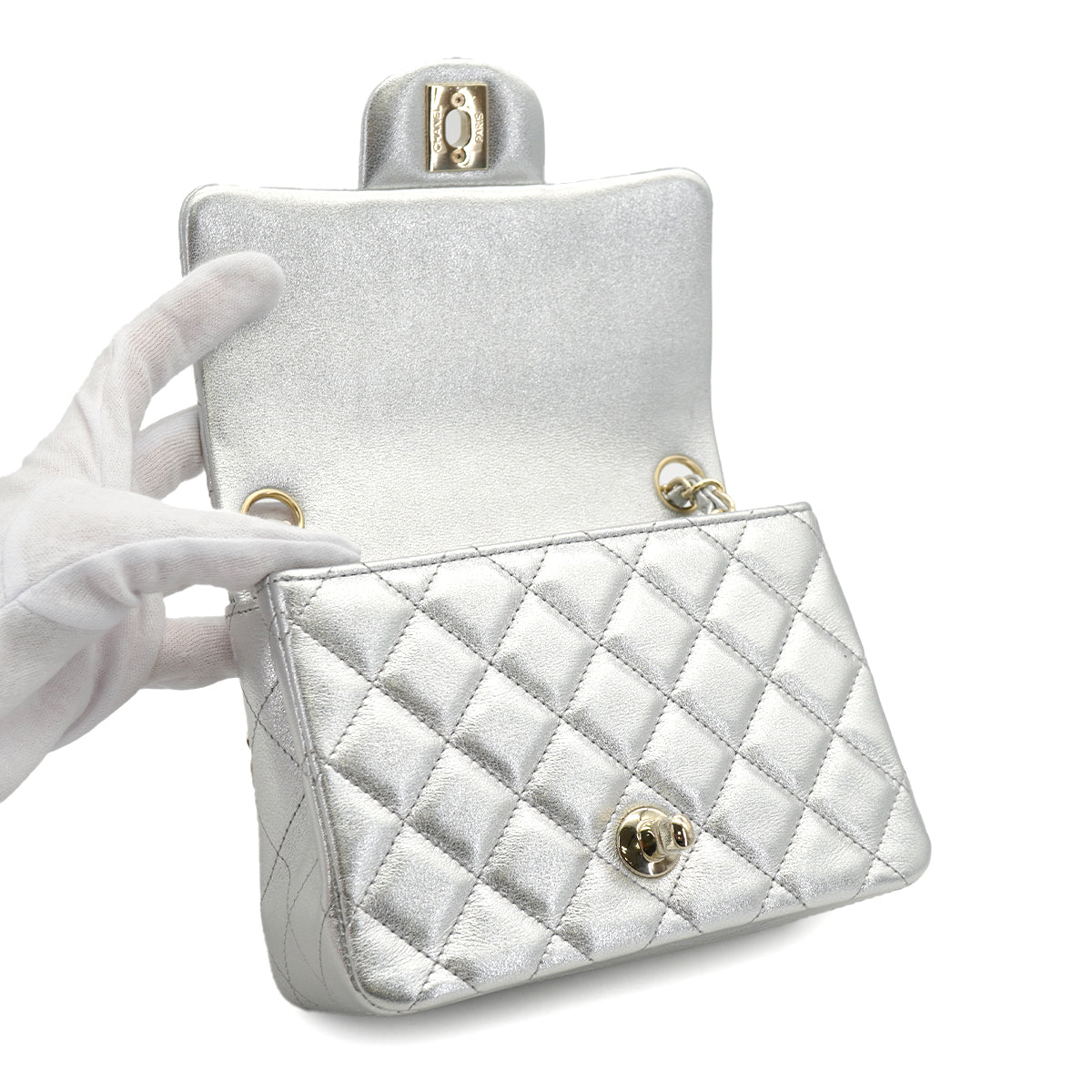 CHANEL MINI SQUARE 17 CHAIN SHOULDER BAG SILVER LAMB SKIN GOLD HARDWARE 90333739