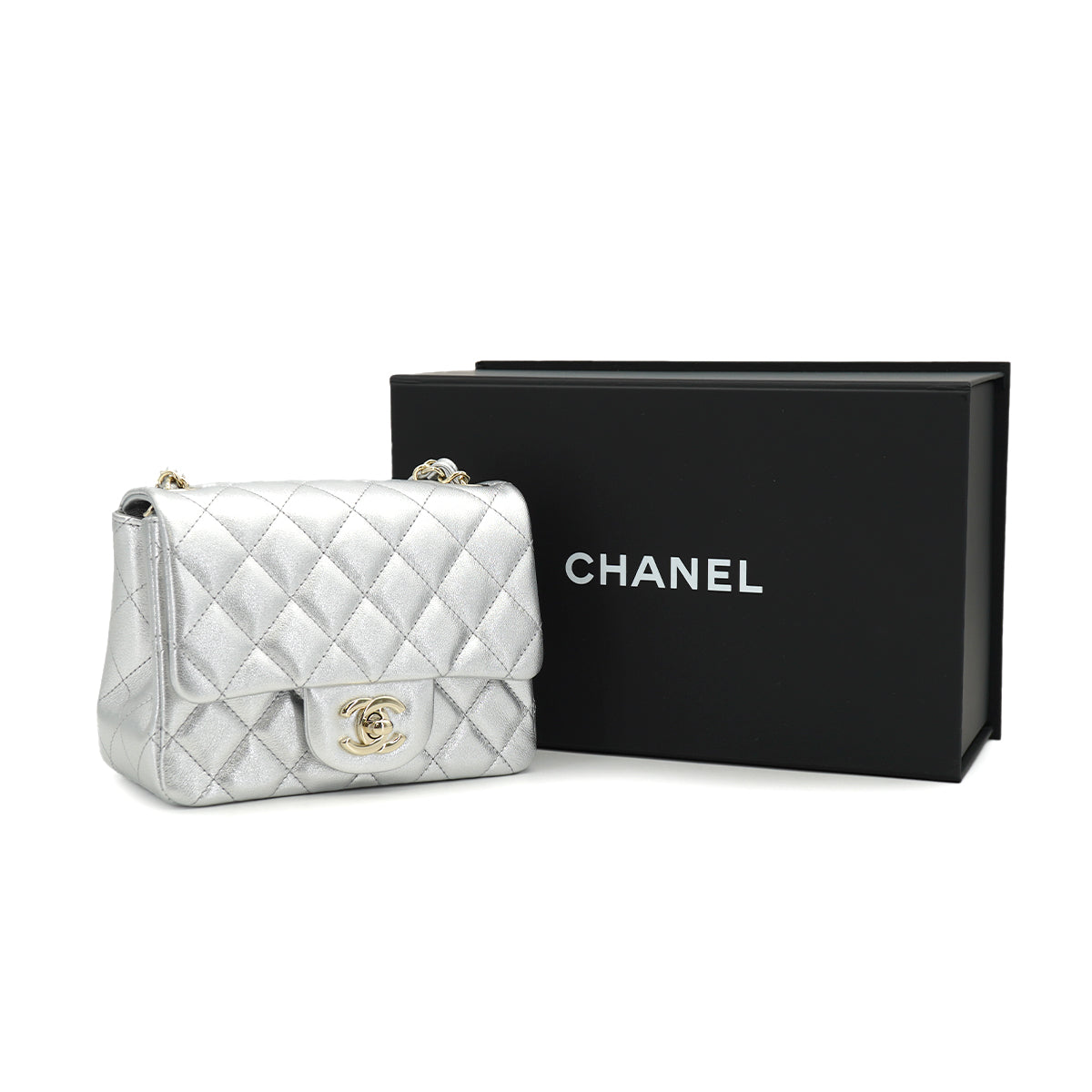 CHANEL MINI SQUARE 17 CHAIN SHOULDER BAG SILVER LAMB SKIN GOLD HARDWARE 90333739