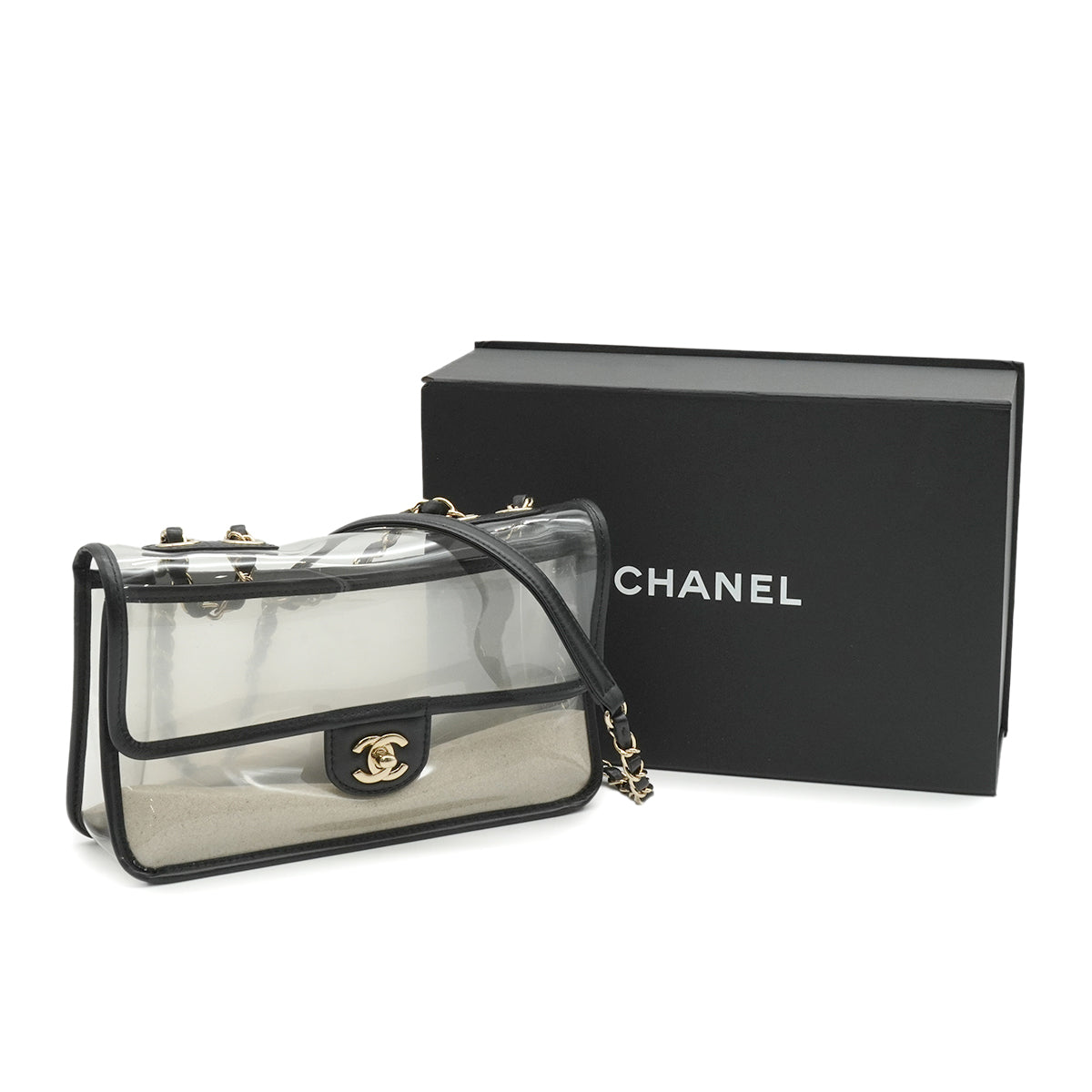 CHANEL SAND BY THE SEA CHAIN SHOULDER BAG BLACK CLEAR VINYL SAND LAMB SKIN GOLD HARDWARE 90341908
