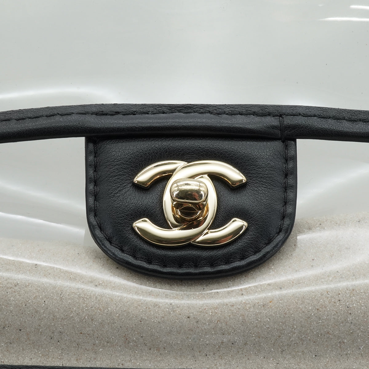 CHANEL SAND BY THE SEA CHAIN SHOULDER BAG BLACK CLEAR VINYL SAND LAMB SKIN GOLD HARDWARE 90341908