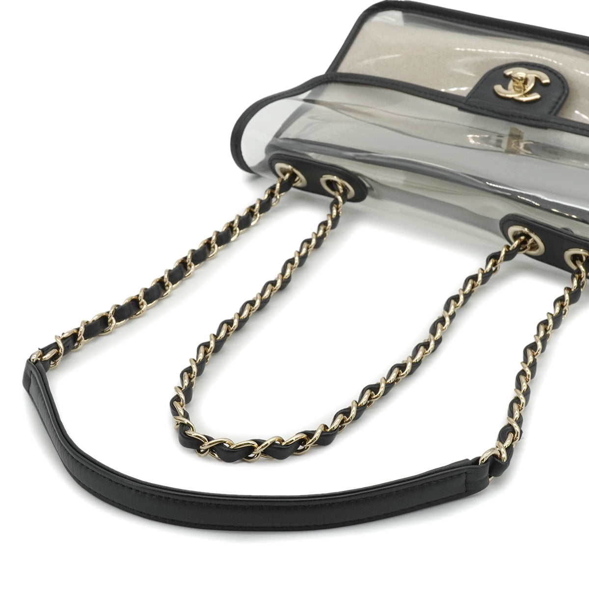 CHANEL SAND BY THE SEA CHAIN SHOULDER BAG BLACK CLEAR VINYL SAND LAMB SKIN GOLD HARDWARE 90341908