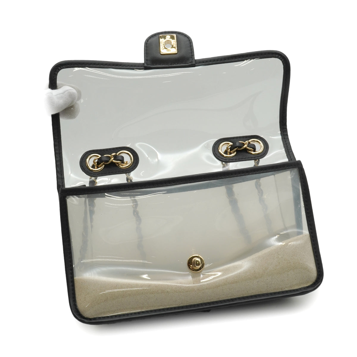 CHANEL SAND BY THE SEA CHAIN SHOULDER BAG BLACK CLEAR VINYL SAND LAMB SKIN GOLD HARDWARE 90341908
