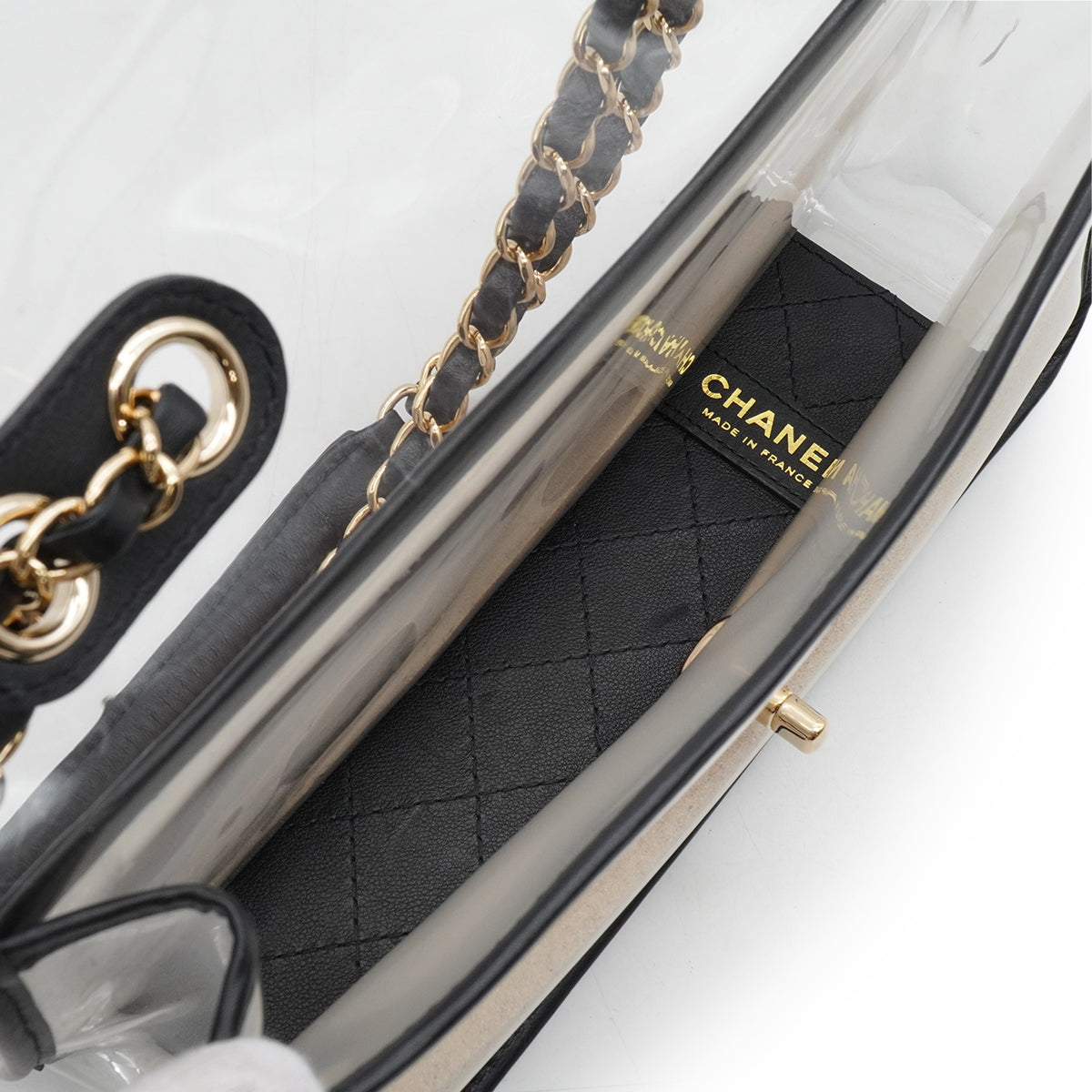 CHANEL SAND BY THE SEA CHAIN SHOULDER BAG BLACK CLEAR VINYL SAND LAMB SKIN GOLD HARDWARE 90341908