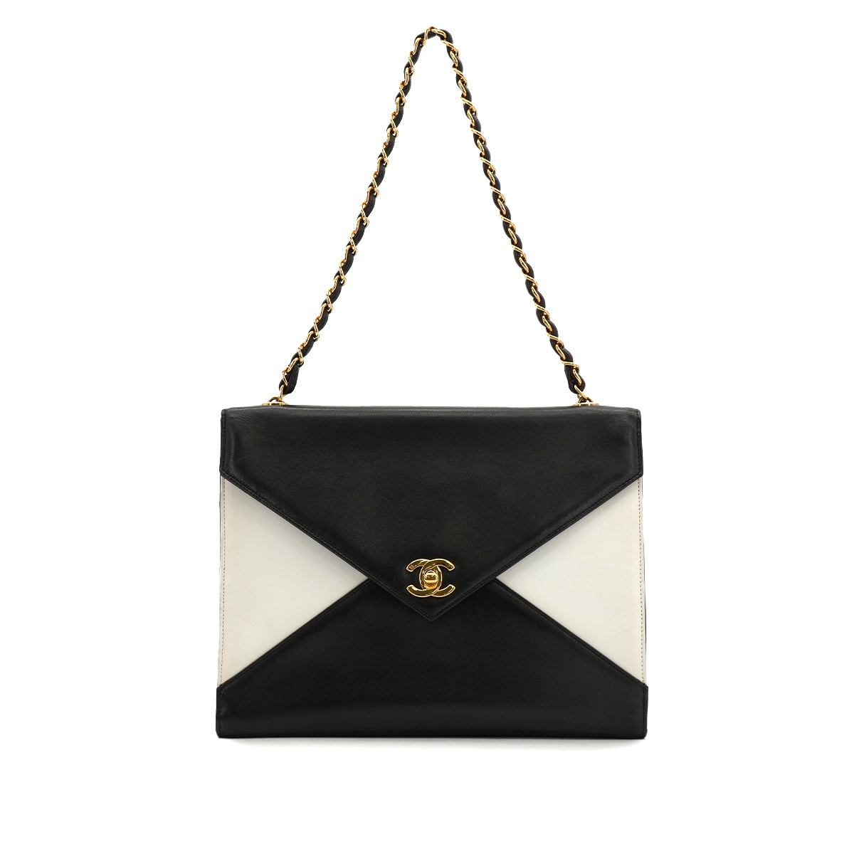 VINTAGE CHANEL CHAIN SHOULDER BAG BLACK WHITE LAMB SKIN GOLD HARDWARE 90333181