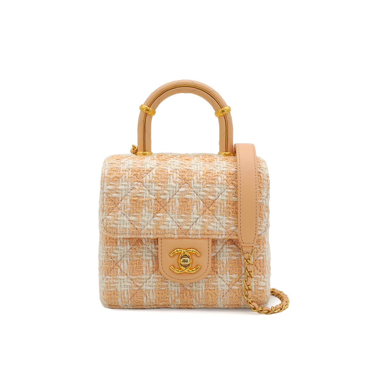 CHANEL MATELASSE CHAIN HAND SHOULDER BAG BEIGE TWEED GOLD HARDWARE 90332581