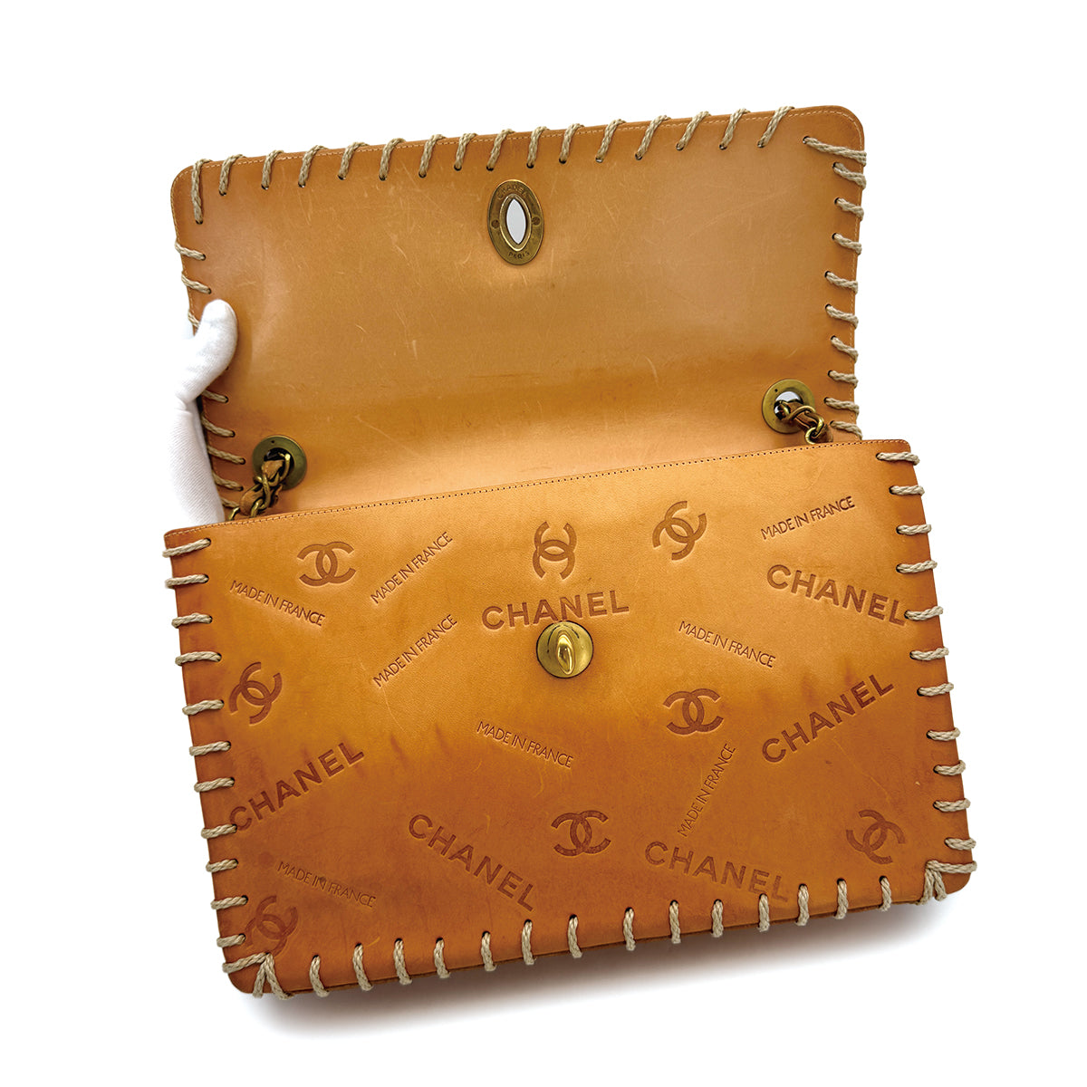 CHANEL VINTAGE COCOMARK LOGO EMBOSSED CHAIN SHOULDER BAG LIGHT BROWN LEATHER GOLD HARD WARE 90311983