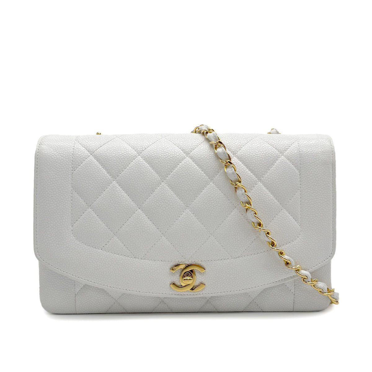 VINTAGE CHANEL DIANA MEDIUM CHAIN SHOULDER BAG WHITE CAVIAR SKIN GOLD HARDWARE 90313668