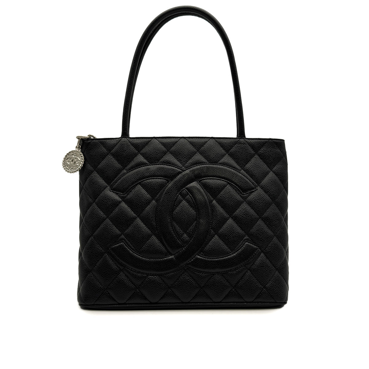 VINTAGE CHANEL MEDALLION MATELLASSE TOTE BAG BLACK CAVIAR SKIN SILVER HARDWARE 90314329