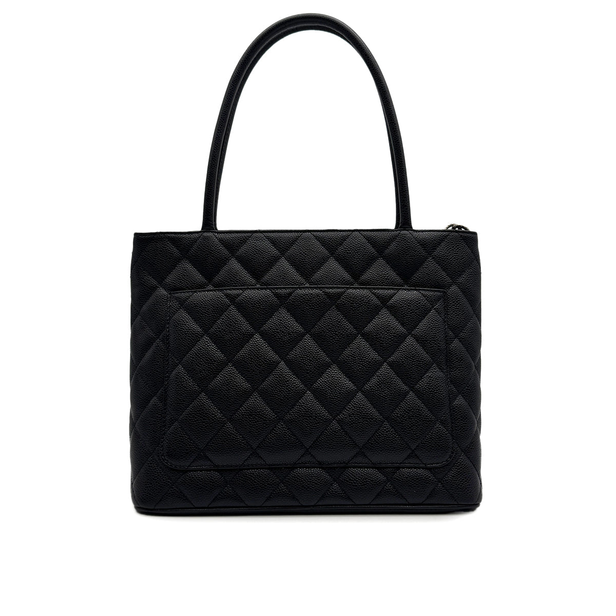 VINTAGE CHANEL MEDALLION MATELLASSE TOTE BAG BLACK CAVIAR SKIN SILVER HARDWARE 90314329