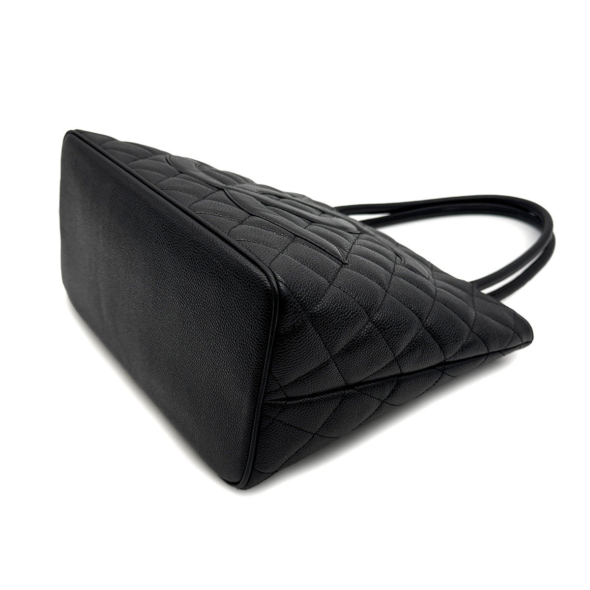 VINTAGE CHANEL MEDALLION MATELLASSE TOTE BAG BLACK CAVIAR SKIN SILVER HARDWARE 90314329