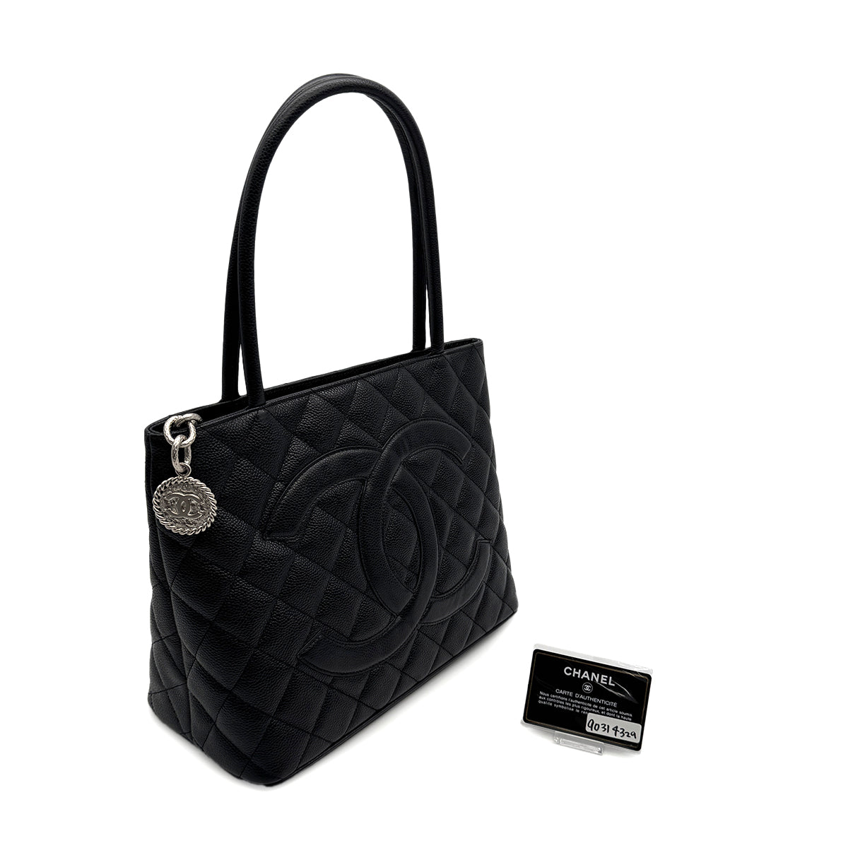 VINTAGE CHANEL MEDALLION MATELLASSE TOTE BAG BLACK CAVIAR SKIN SILVER HARDWARE 90314329