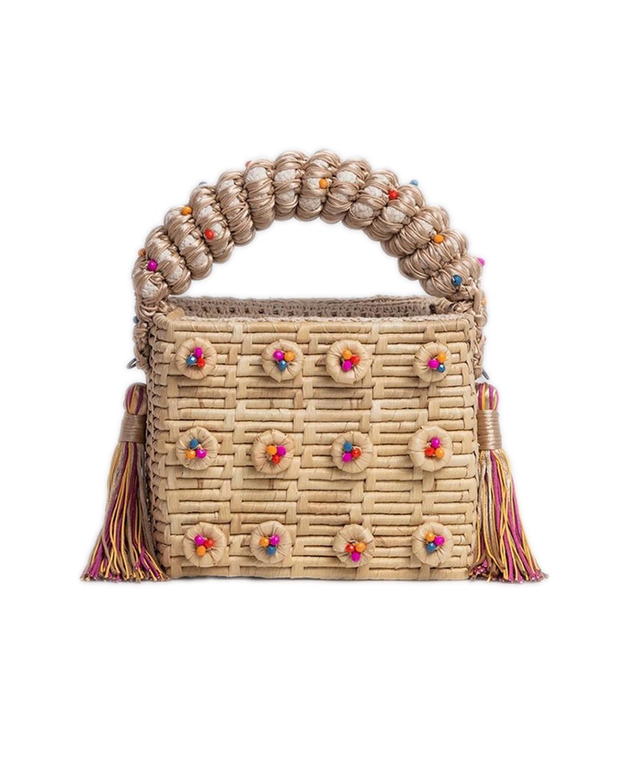 Crystal Beaded Straw Mini Bag with Braided Silk Handle Candy