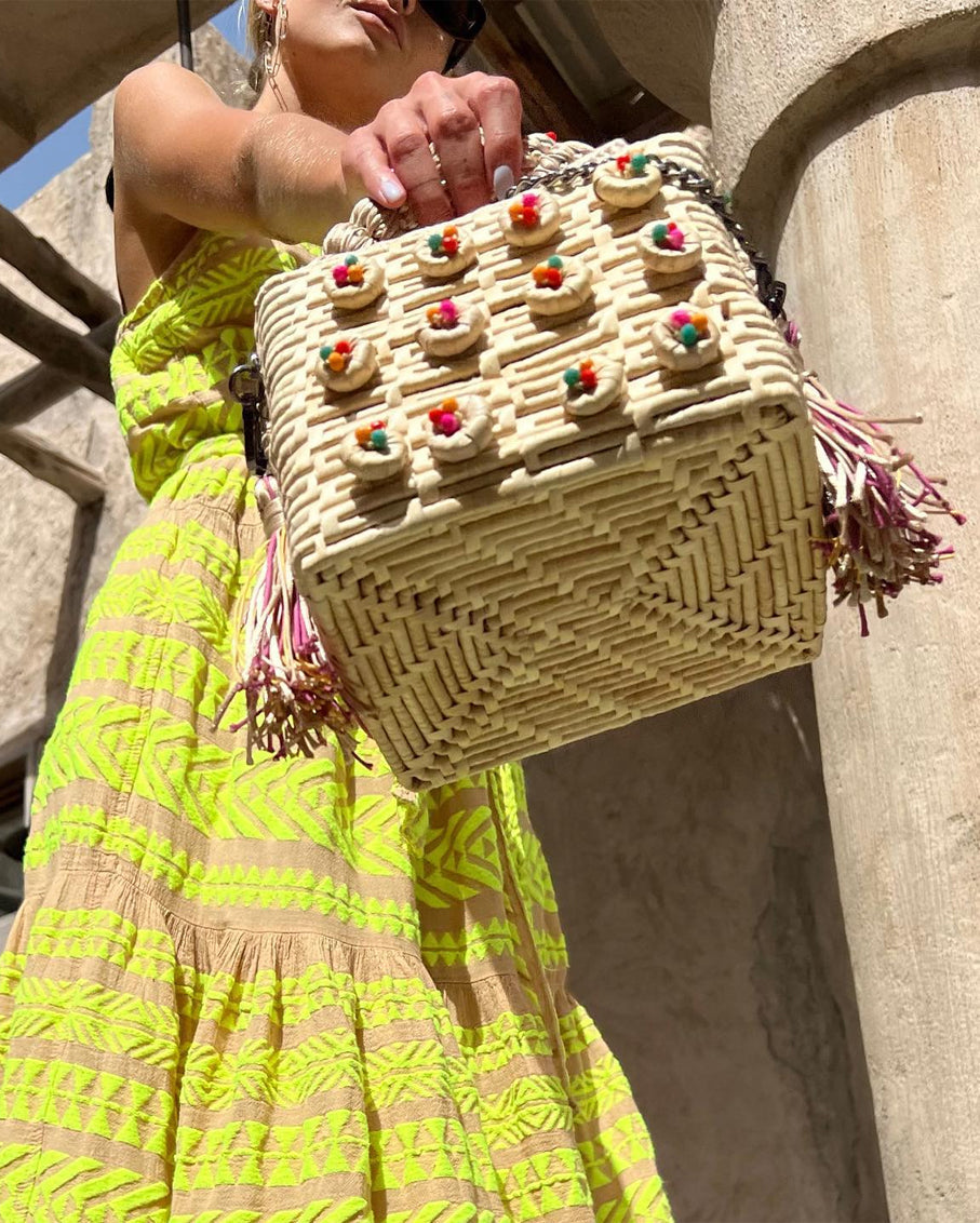 Crystal Beaded Straw Mini Bag with Braided Silk Handle Candy