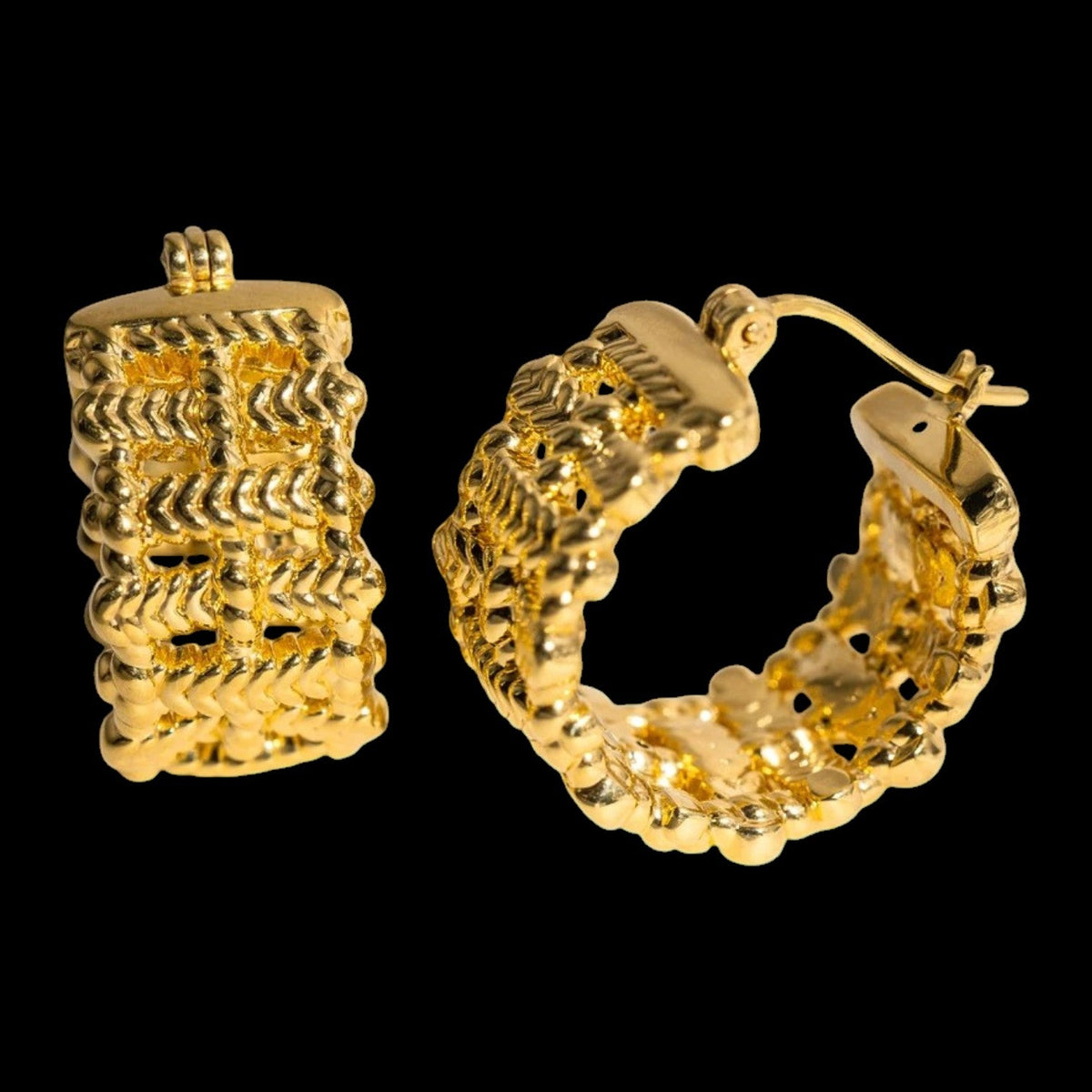 18K Solid Yellow Gold Woven Texture Hoop Earrings