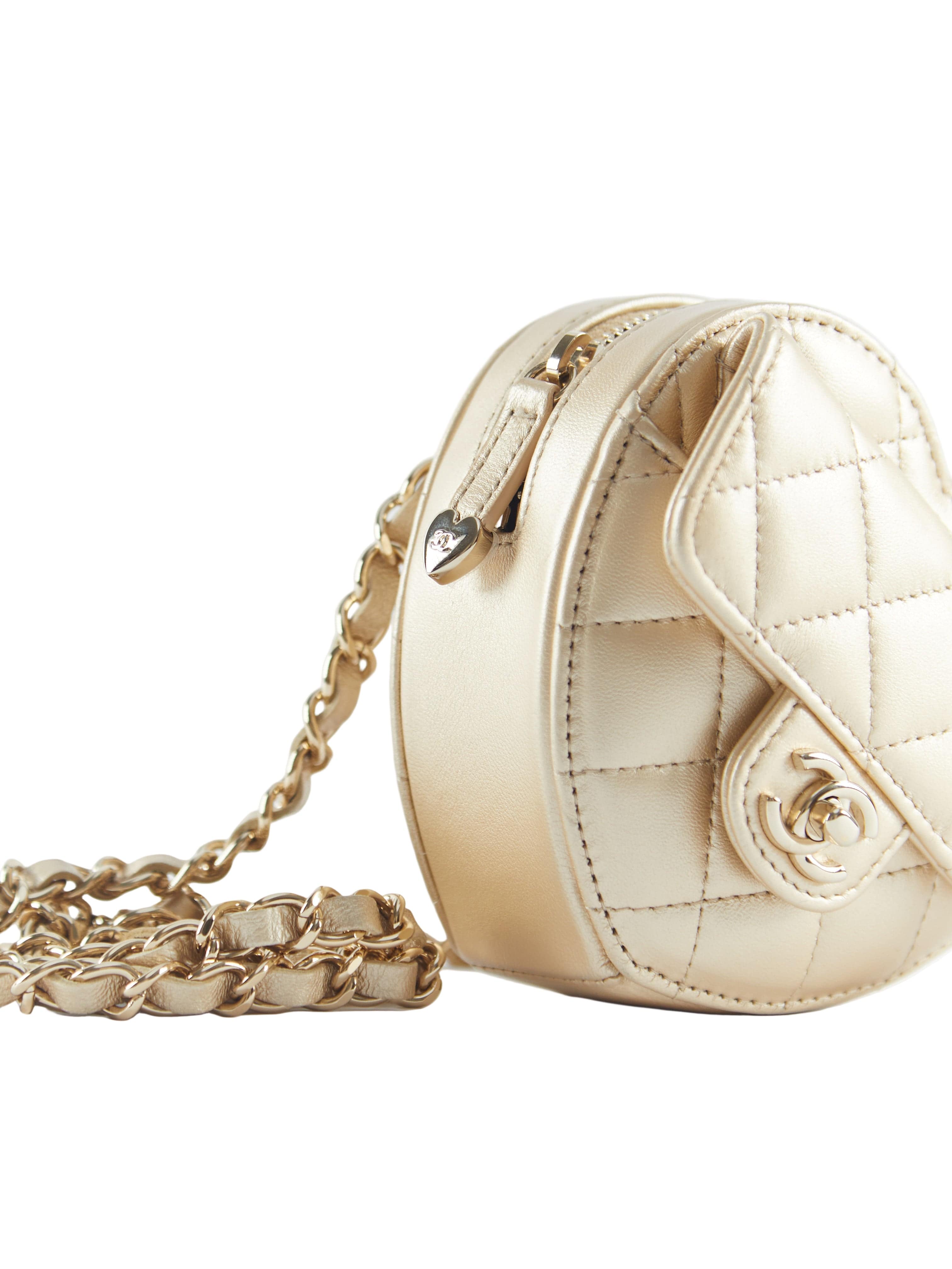 *LONDON LOCATED* CHANEL MINI HEART NECKLACE Gold Lambskin Leather with Champagne-Toned Metal