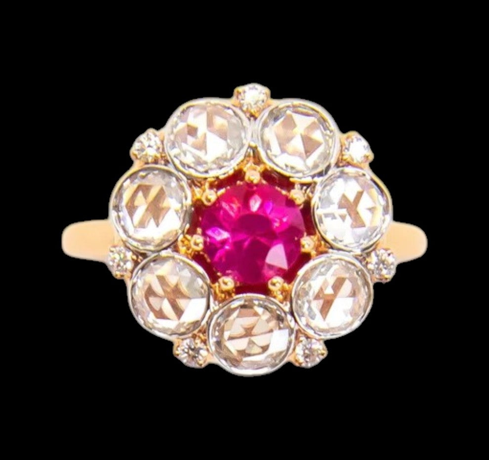 Signature Cluster 0.77ct Ruby and Rose Cut Diamond Ring set in 18K Rose & White Gold (total Gem Weight 2.25ct)