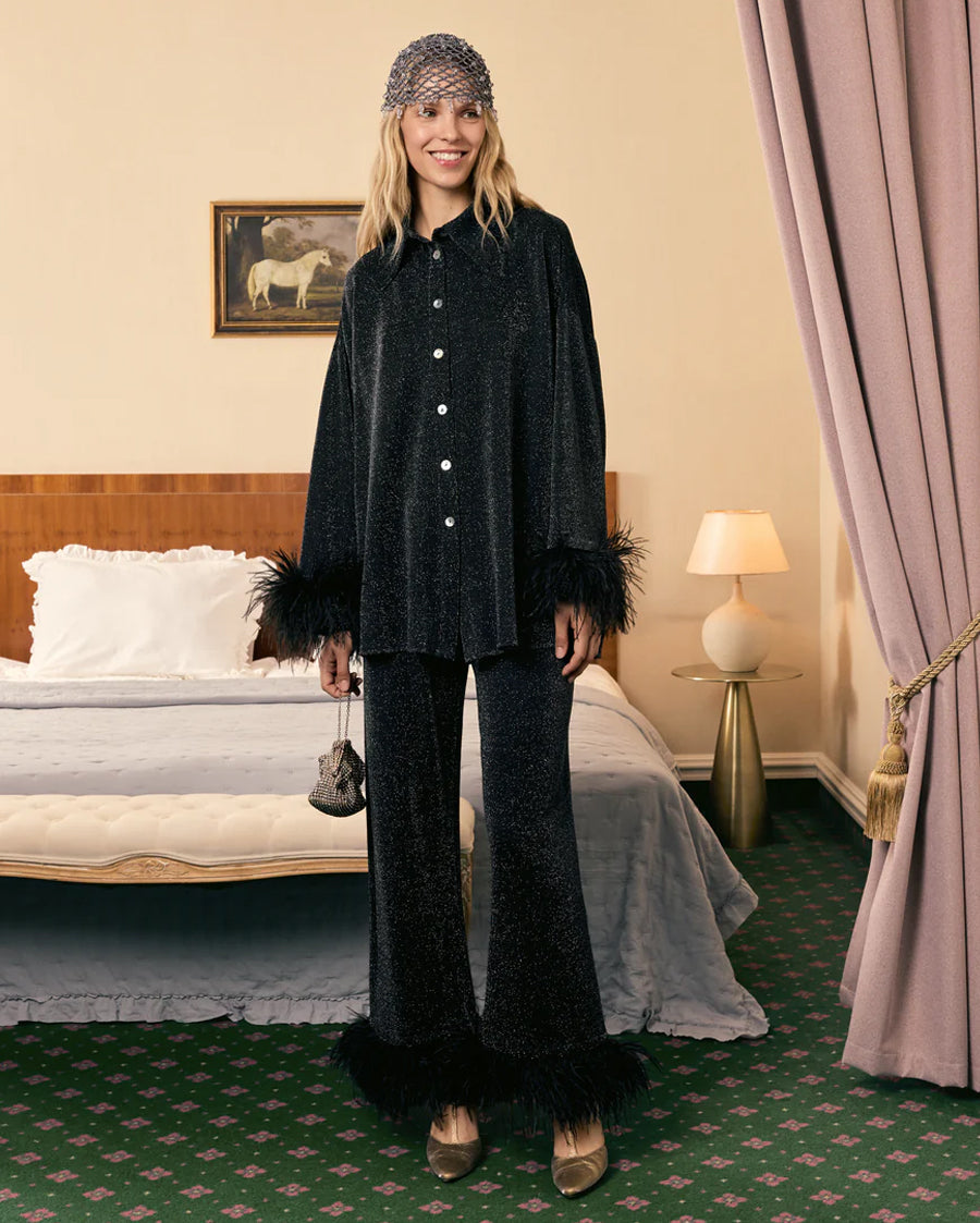 Cosmos Oversized Lurex Pajamas Set with Detachable Feathers in Black