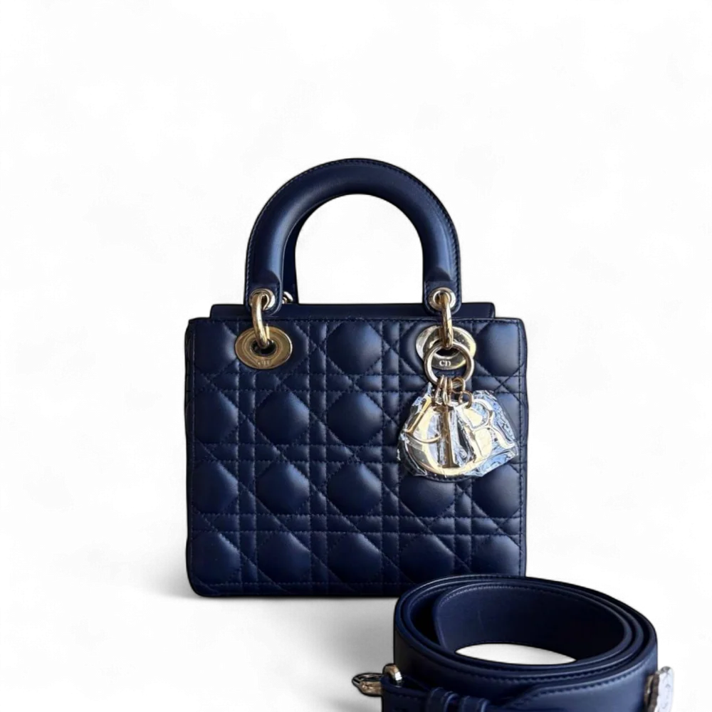 DIOR LADY SMALL FLAP - CANNAGE LAMBSKIN DARK NAVY BLUE GOLD HARDWARE WITH CHARMS SYCM491