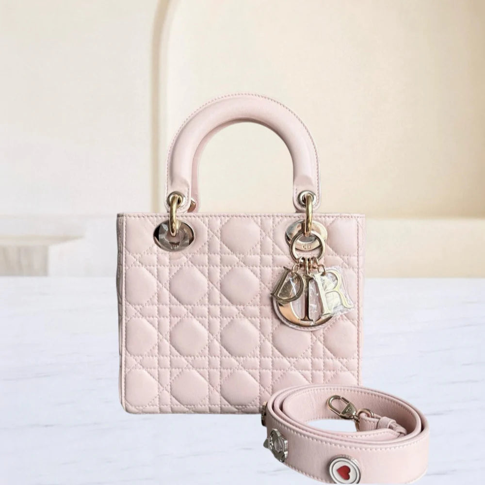 DIOR LADY SMALL - CANNAGE LAMBSKIN LIGHT PINK GOLD HARDWARE SYCM485