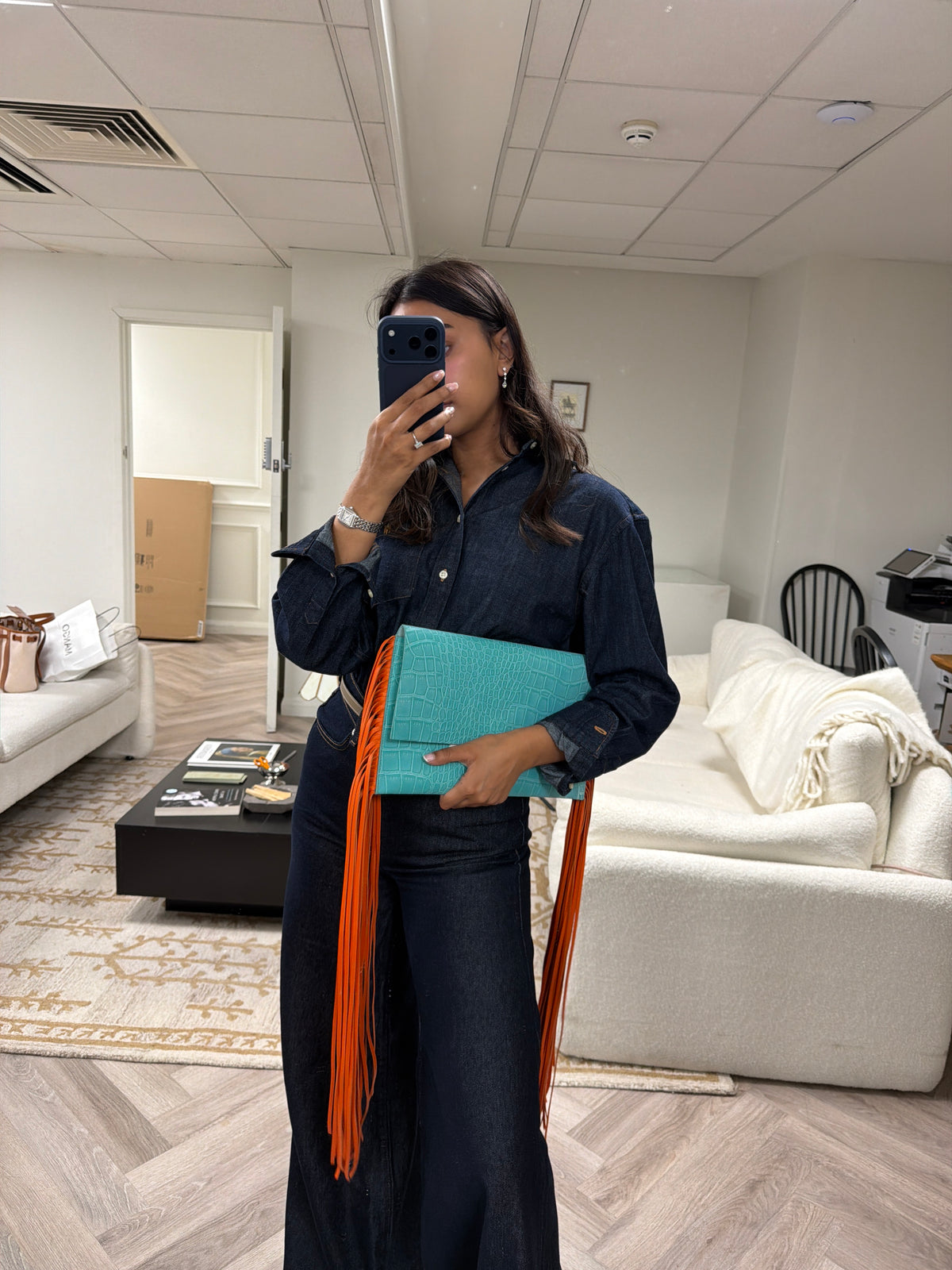 Teal Croc With Orange Fringe Clutch ALC4490